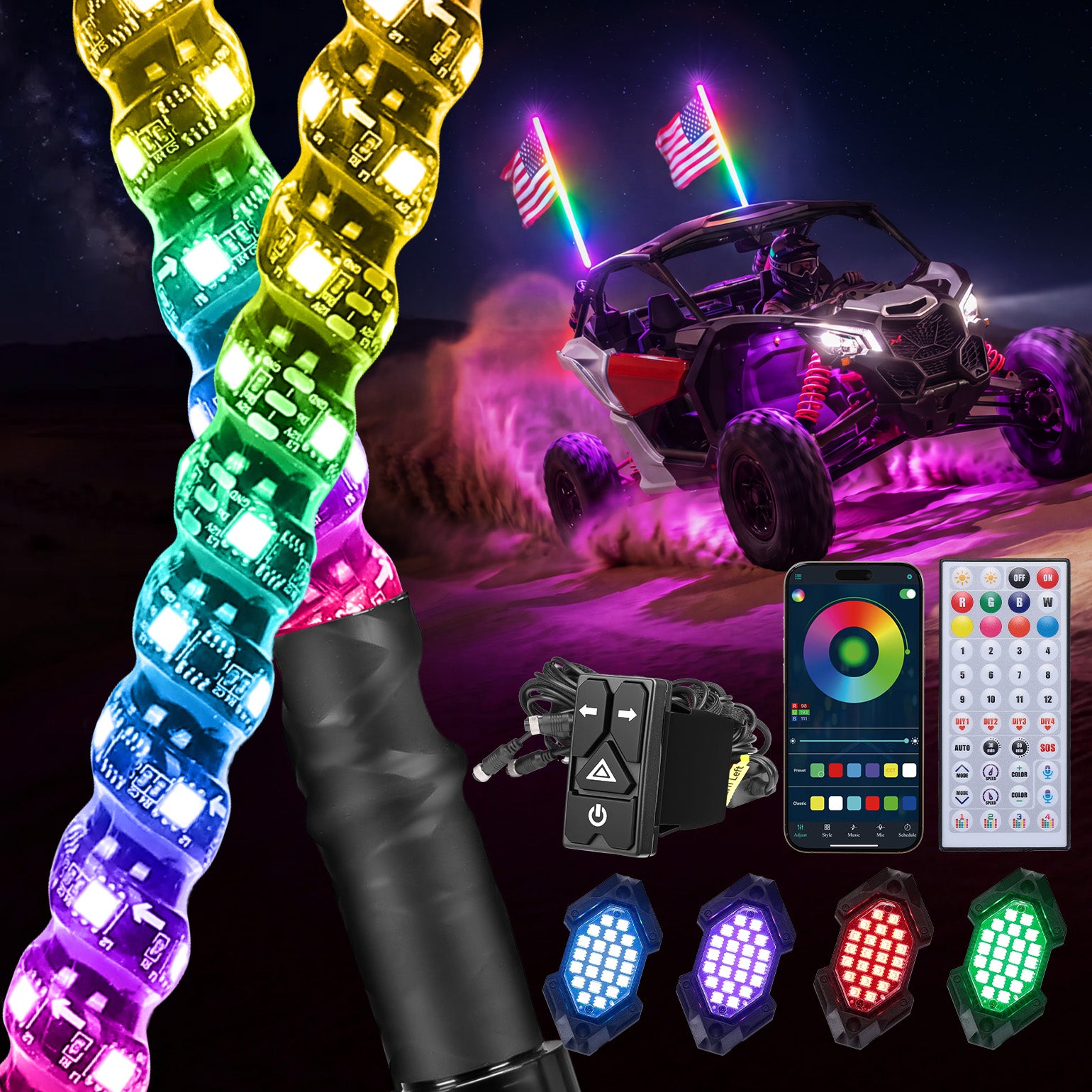 Kemimoto UTV kit luci whip LED 4FT + rock lights RGB 12V