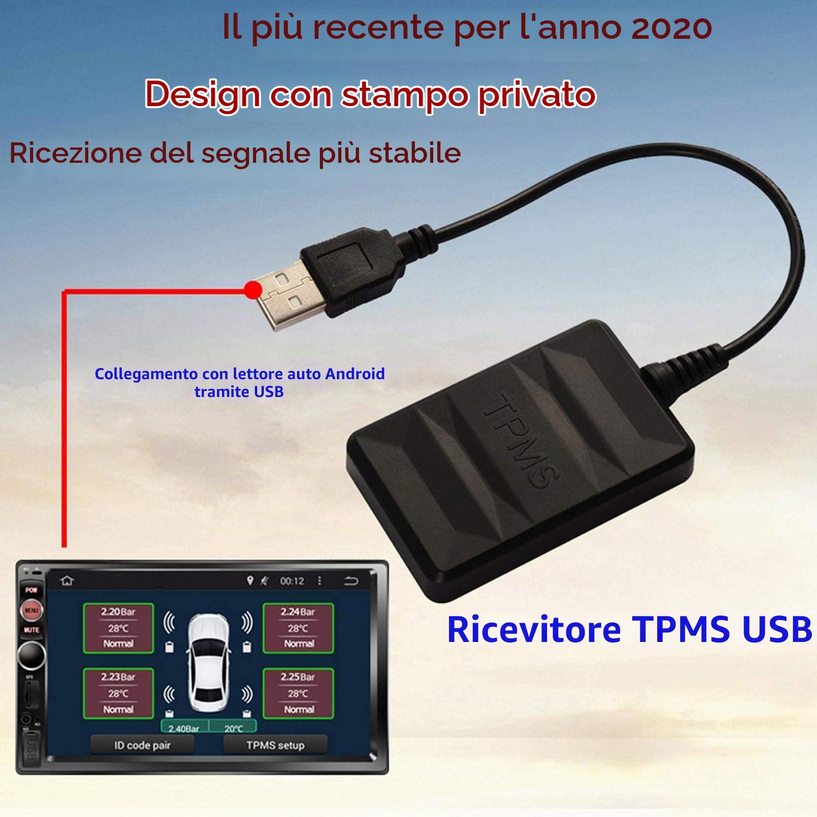 Kuuleyn TPMS USB Monitor Pressione Pneumatici 4 Sensori
