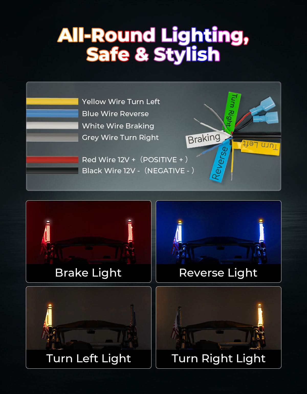 KEMIMOTO Spiral 2FT whip light RGB 2 pezzi con strobo SOS