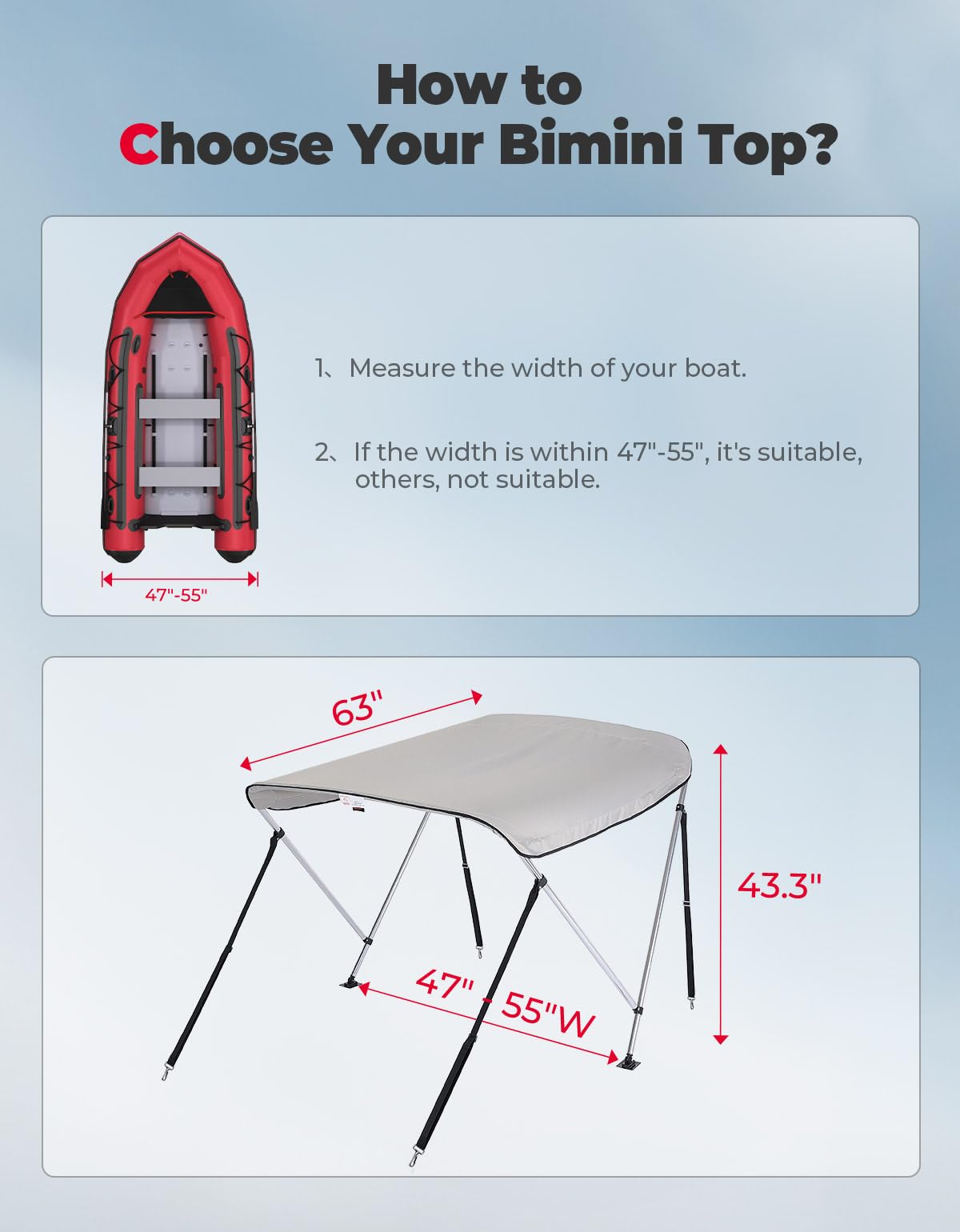 KEMIMOTO Bimini Top 2 archi tendalino barca 47-55 pollici