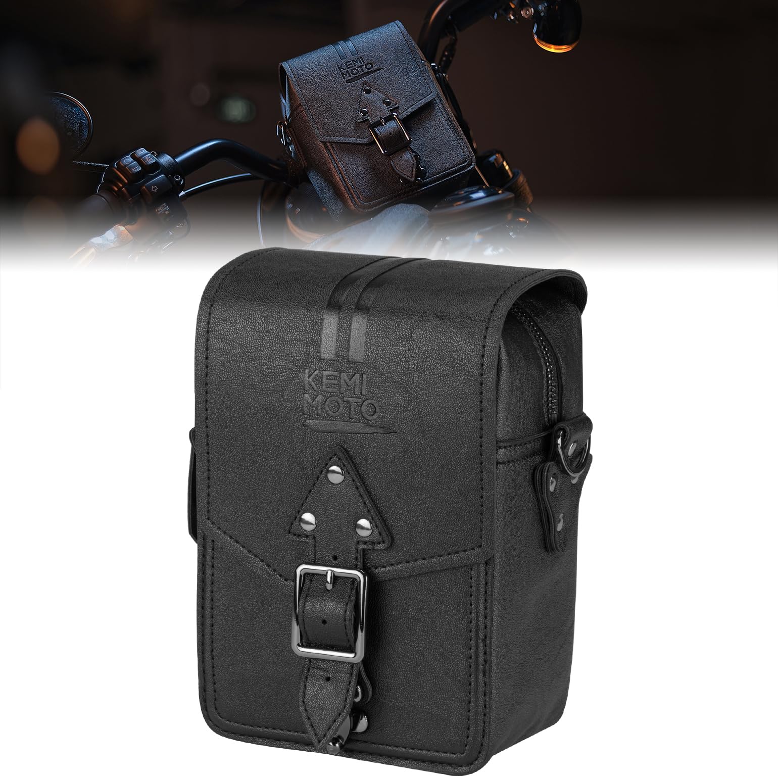 KEMIMOTO borsa manubrio moto pelle nera T-Bar impermeabile