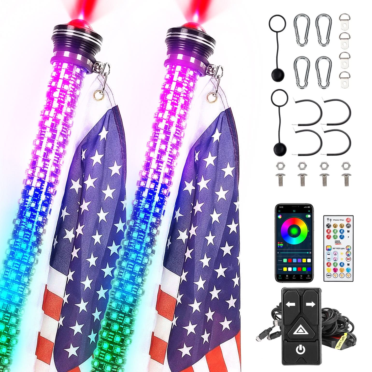 Kemimoto 2FT kit 2 luci whip LED RGB 12V universale