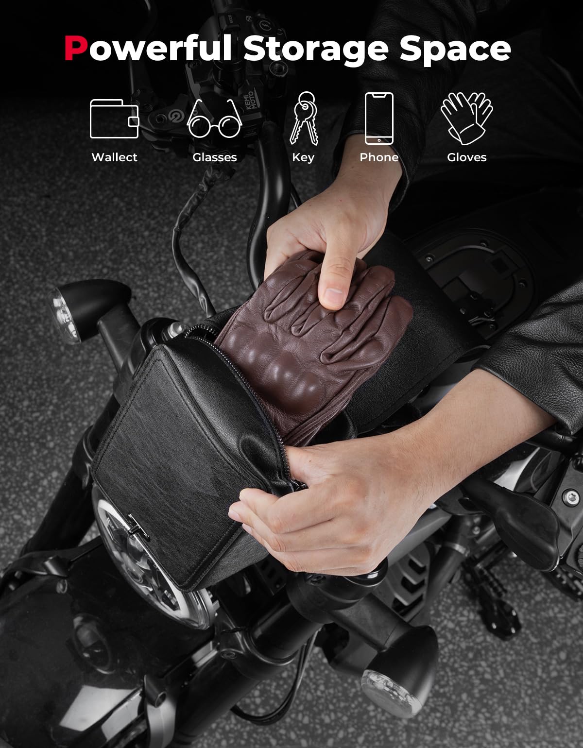 KEMIMOTO borsa manubrio moto pelle nera T-Bar impermeabile