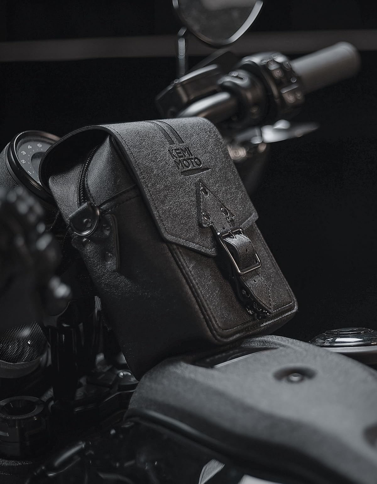 KEMIMOTO borsa manubrio moto pelle nera T-Bar impermeabile