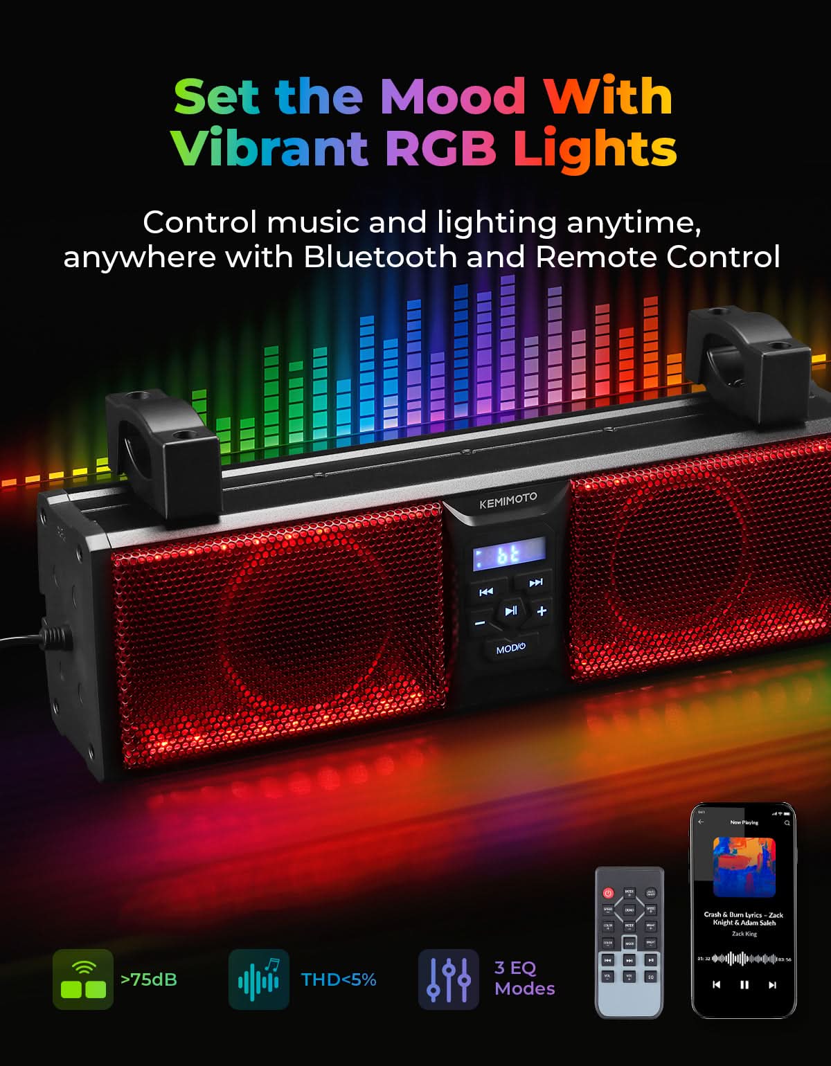 Kemimoto Soundbar Bluetooth UTV ATV 43cm 100W RGB IP66
