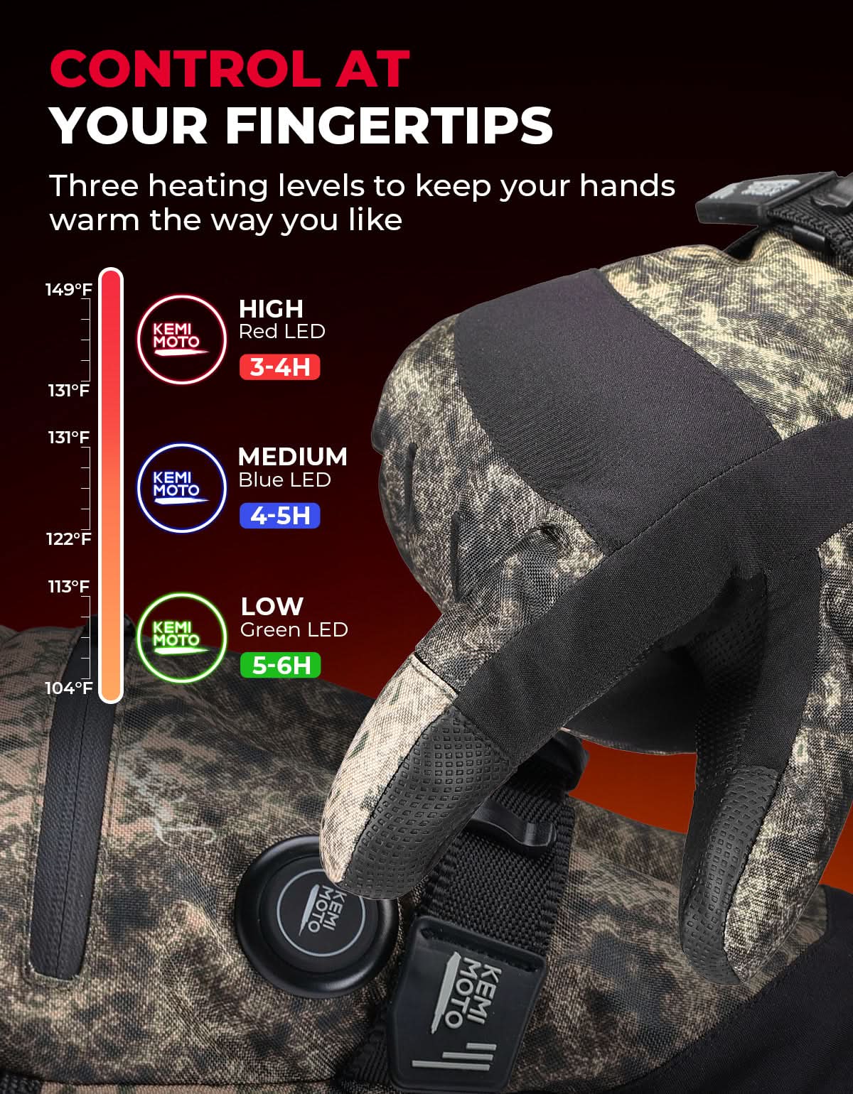 KEMIMOTO Hunting guanti riscaldati mimetici touch screen