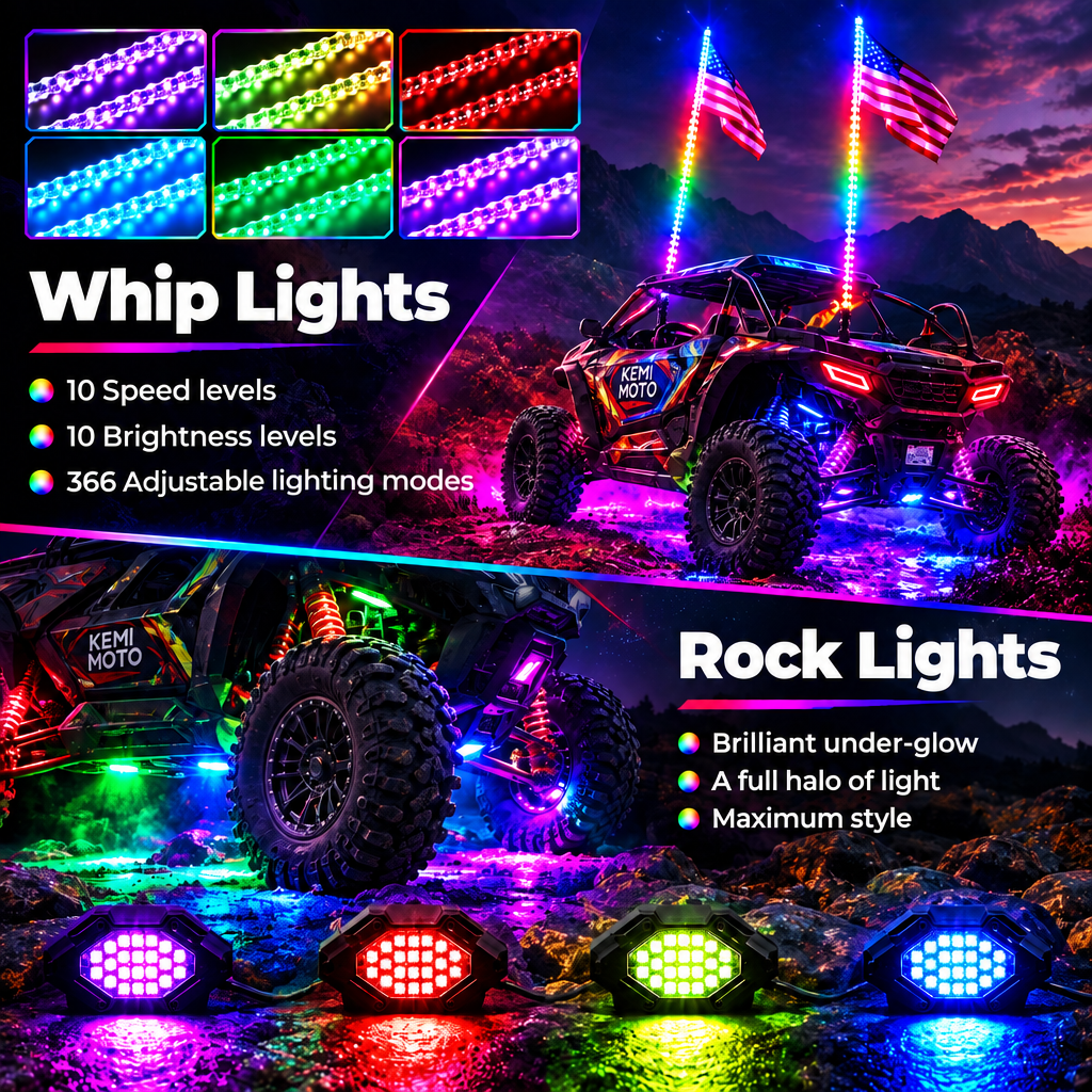 Kemimoto UTV kit luci whip LED 4FT + rock lights RGB 12V