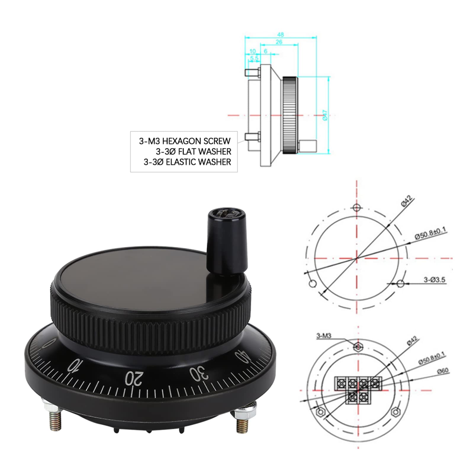 Kuuleyn encoder impulsi CNC volantino manuale 5V 60mm nero