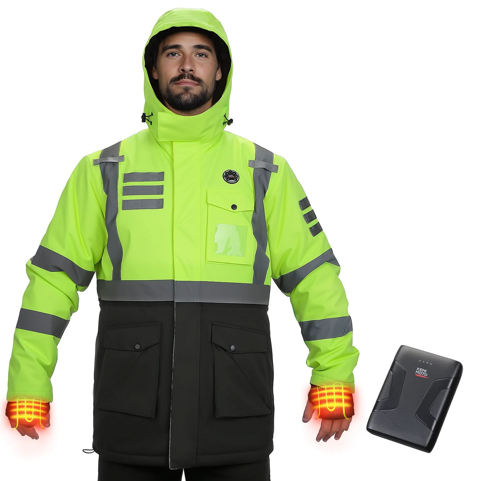 KEMIMOTO Giacca Riscaldata Alta Visibilità Impermeabile 10000mAh