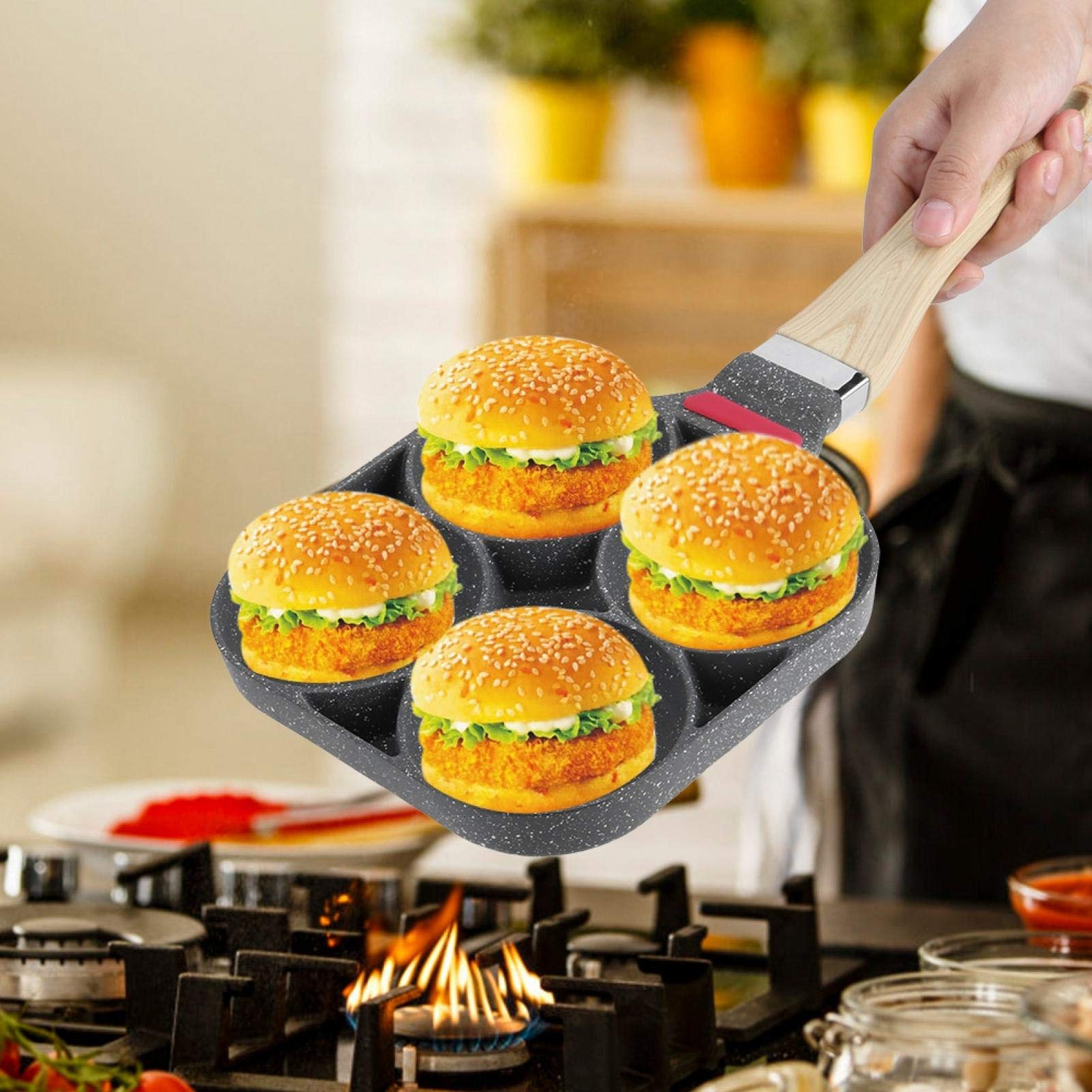 Kuuleyn Padella 4 Scomparti Uova Hamburger Alluminio Antiaderente