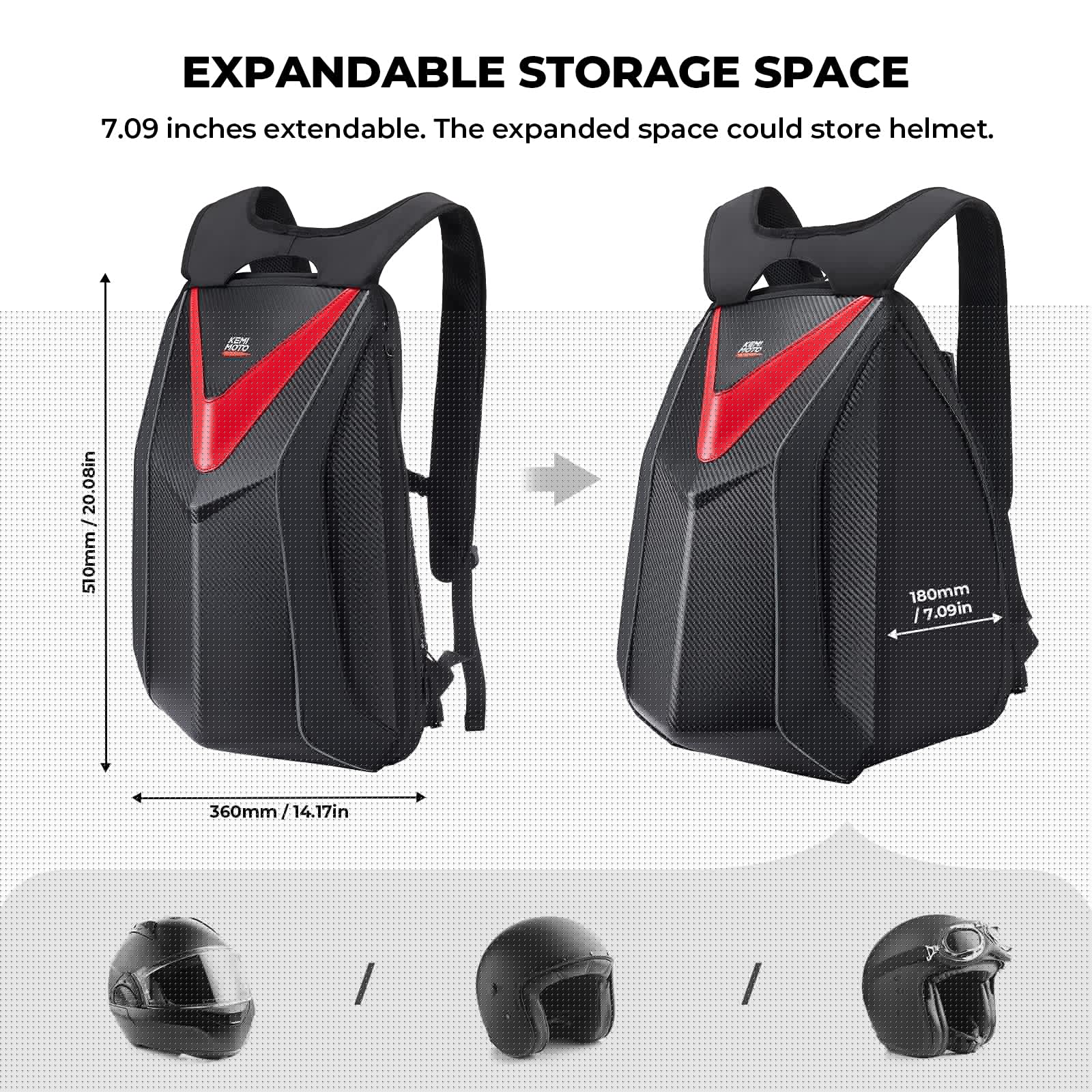 KEMIMOTO 20L zaino moto rigido espandibile per casco
