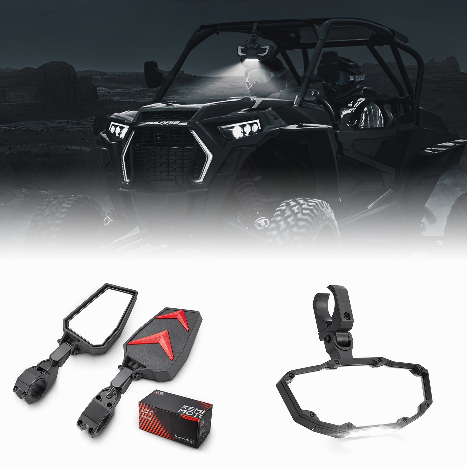 Kemimoto specchi laterali + centrale UTV roll-bar 1,75-2" con luce
