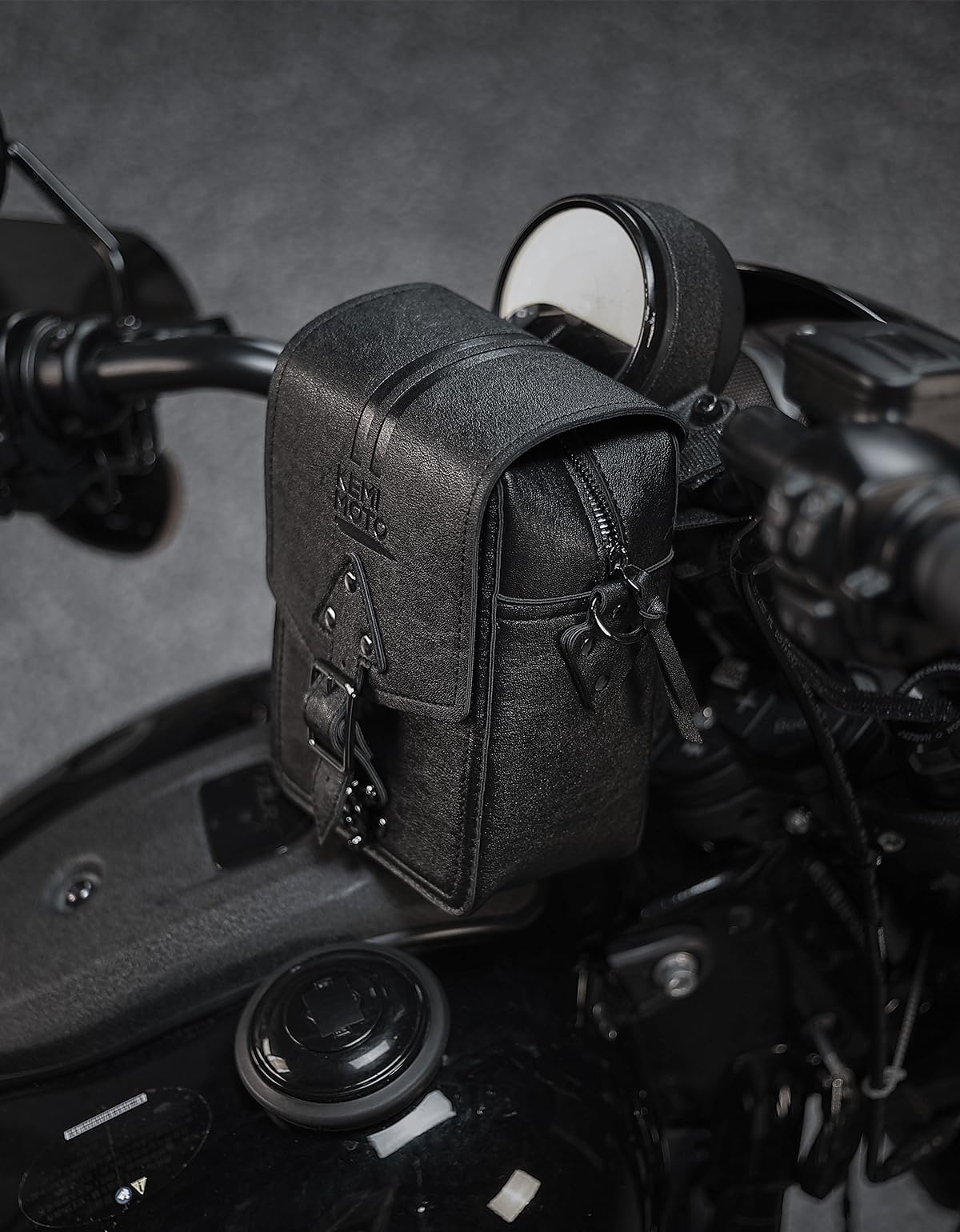 KEMIMOTO borsa manubrio moto pelle nera T-Bar impermeabile