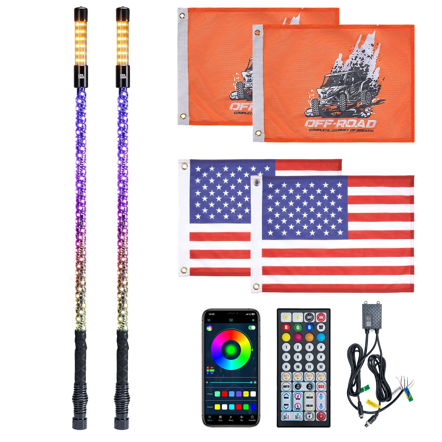 KEMIMOTO Whip 3FT frusta LED 2 pezzi bluetooth SOS strobo