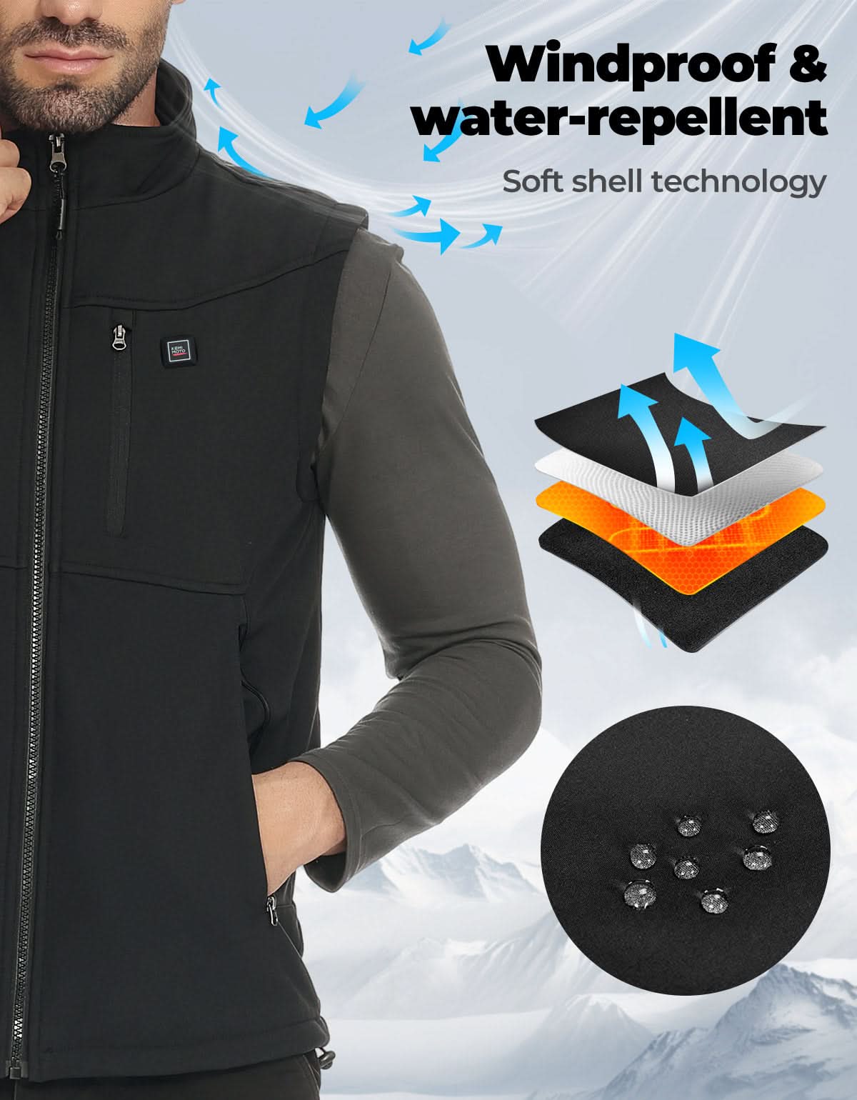 KEMIMOTO Gilet Riscaldato Antivento 4 Zone 10000mAh