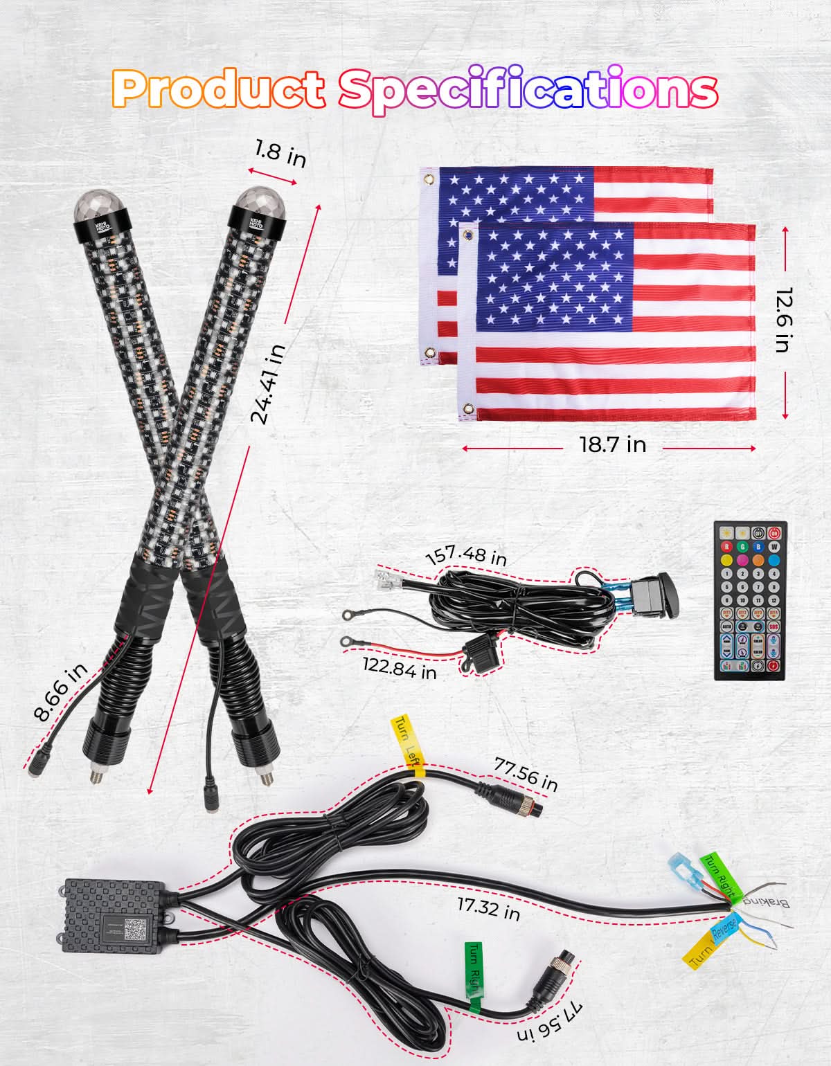 KEMIMOTO Spiral 2FT whip light RGB 2 pezzi con strobo SOS