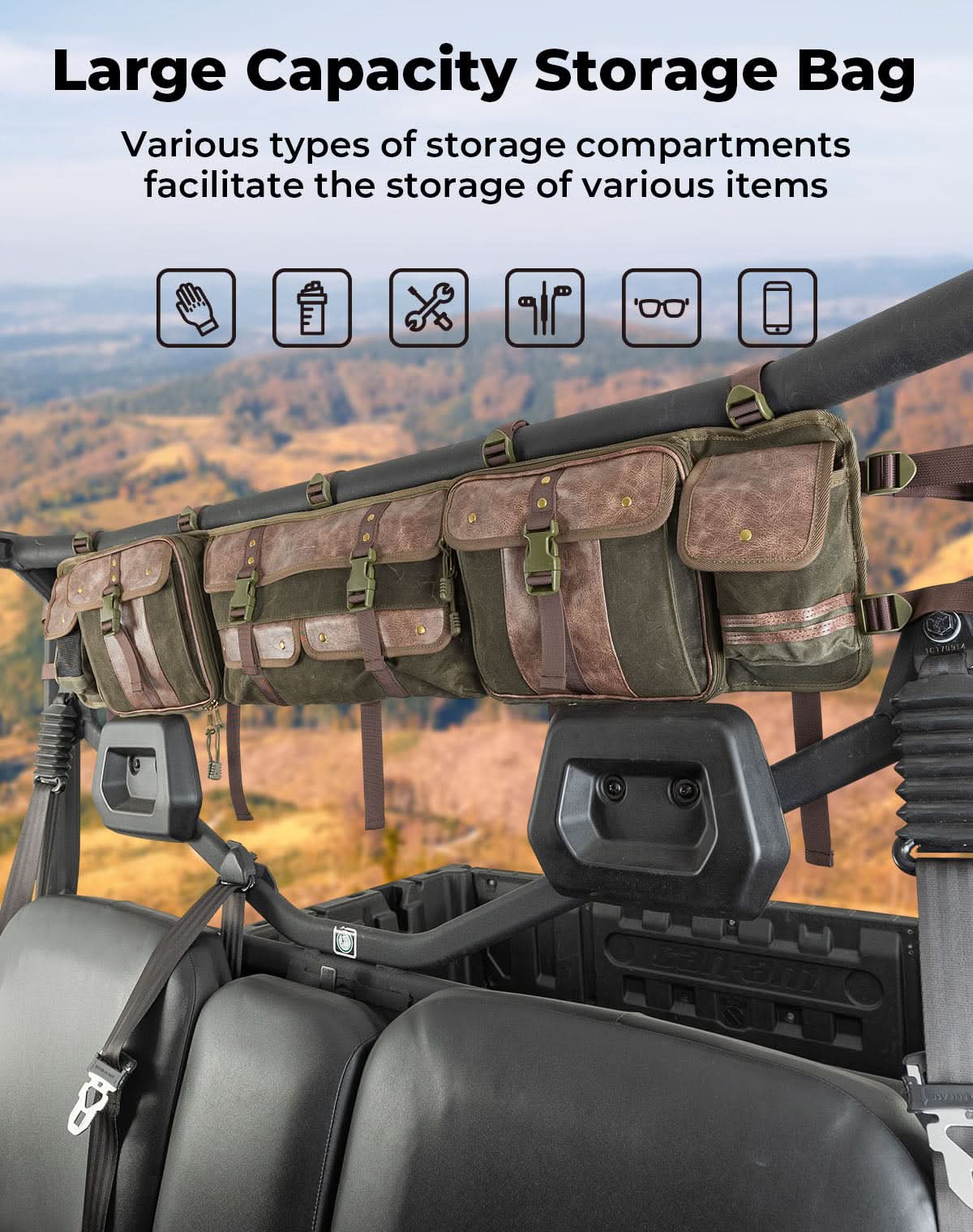 Kemimoto UTV borsa roll-bar canvas con tasche verde army