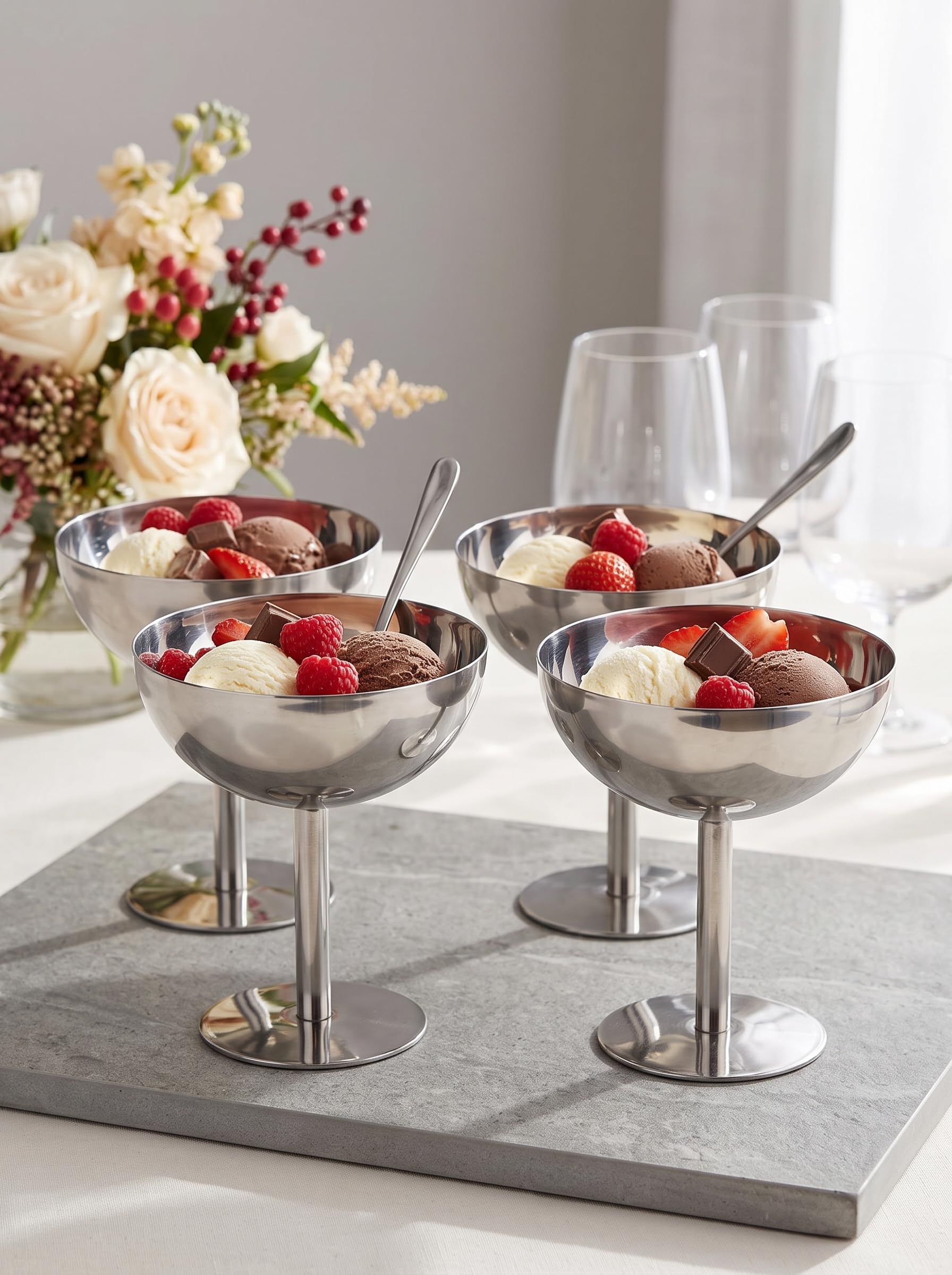 Hapivida coppa gelato acciaio inox con base set 4 pezzi 6x11 cm