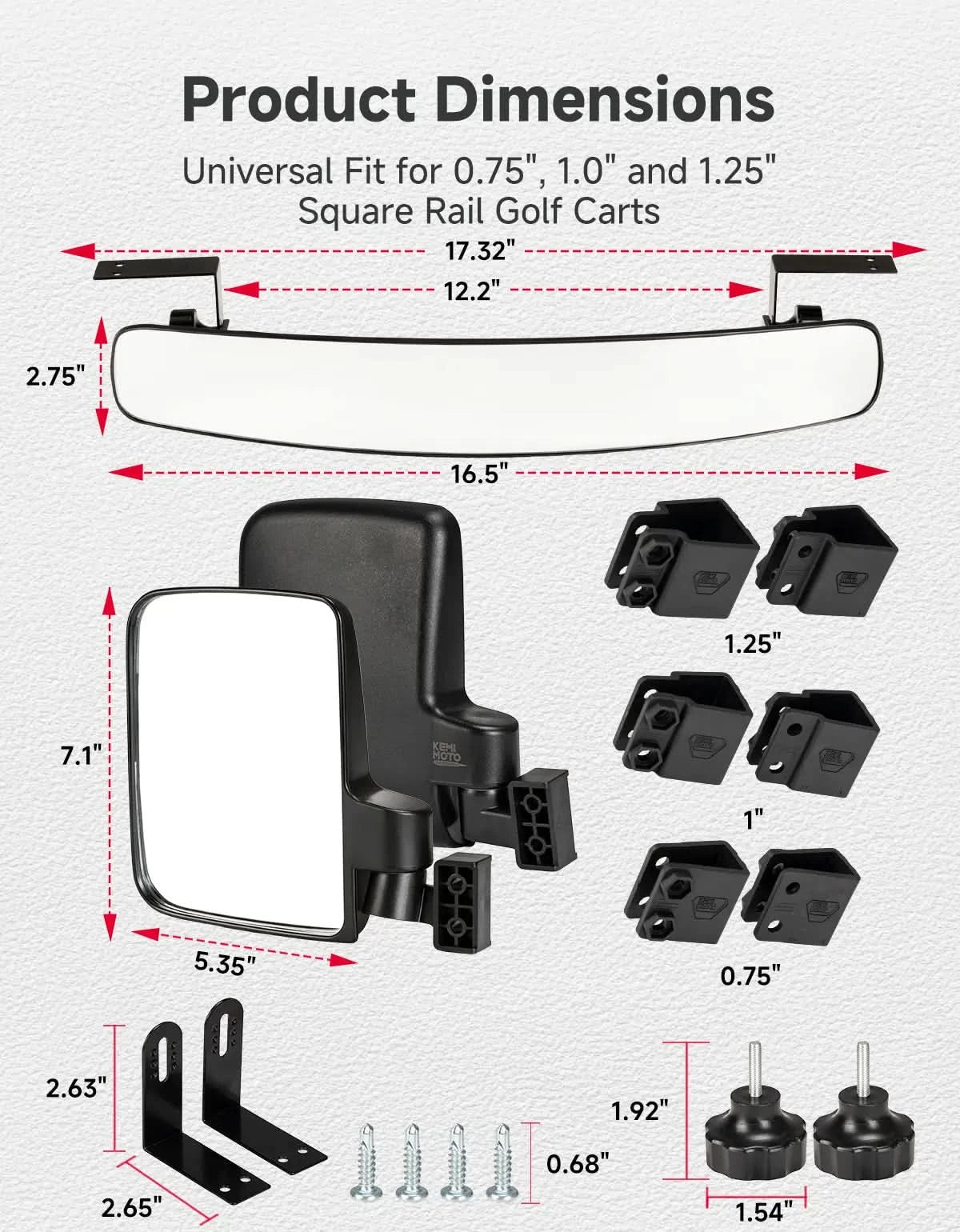 KEMIMOTO Golf Cart kit specchietti 3 pezzi senza fori grandangolari