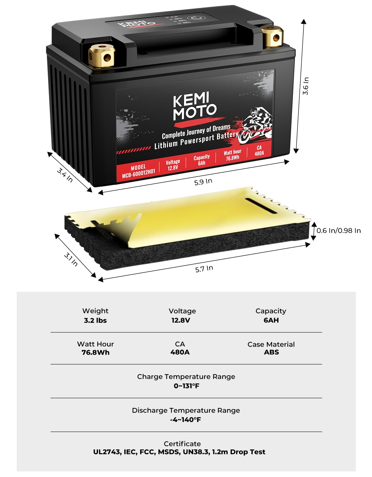 Kemimoto F0412-00102BK batteria litio 12V 6Ah LiFePO4 moto quad