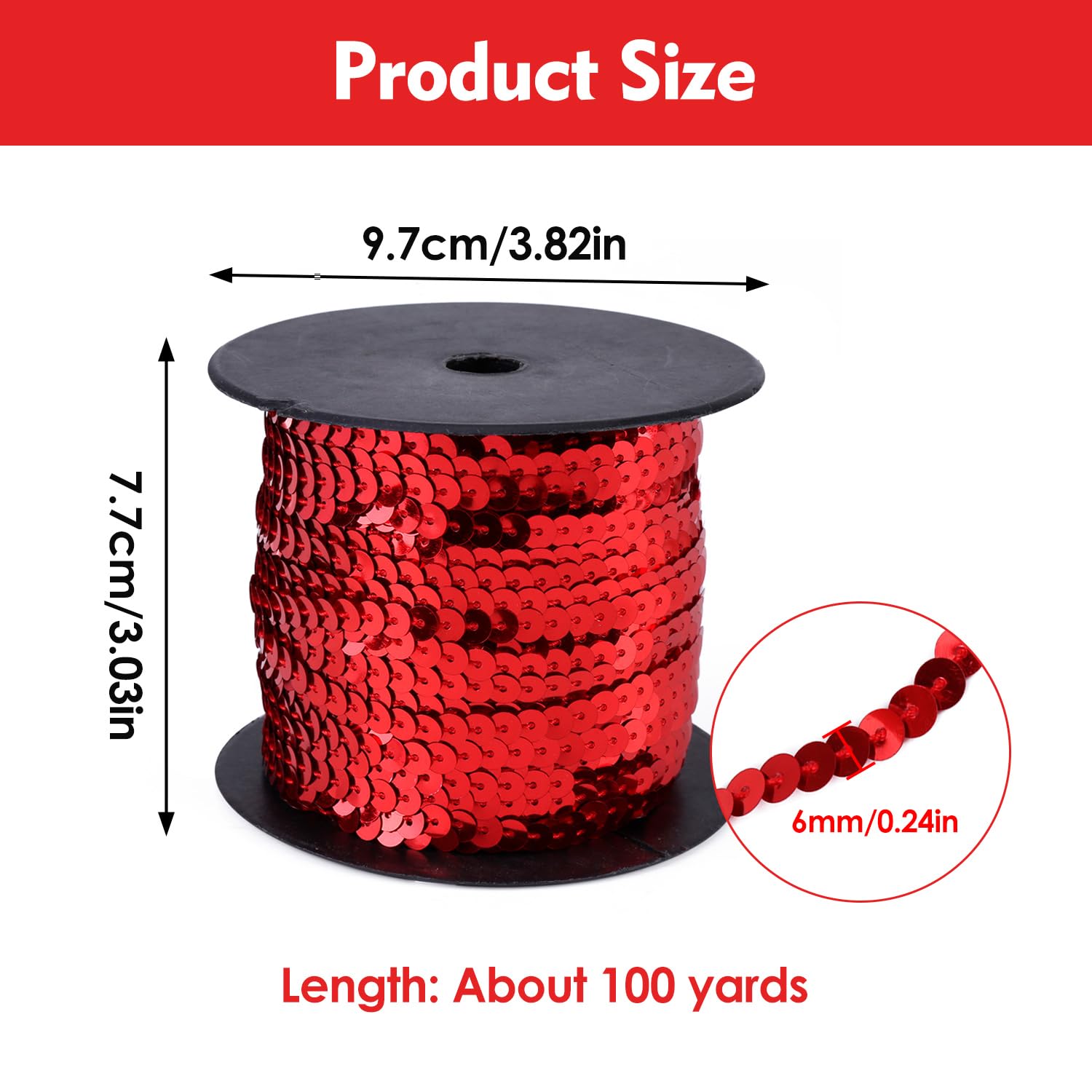 Hapivida 6mm Nastro Paillettes Rosso 2 Rotoli 100 Yard PVC