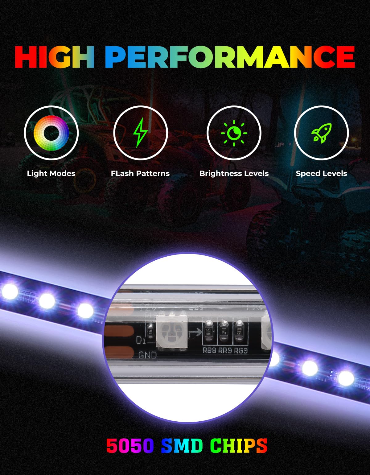 Kemimoto Whip Lights frustini LED 2 pezzi 3FT RGB IP67