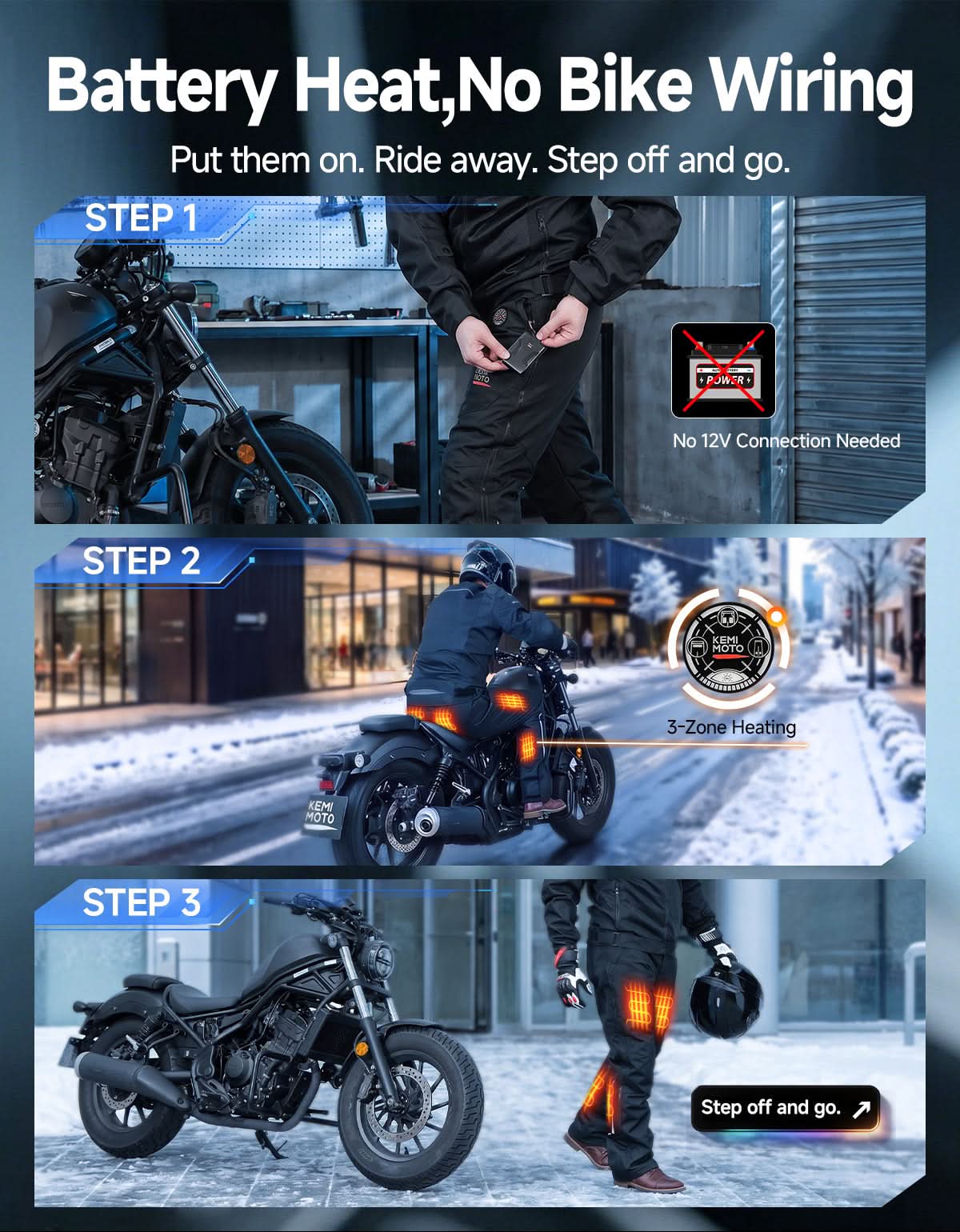 KEMIMOTO WarmLife sovrapantaloni moto riscaldati 3 zone