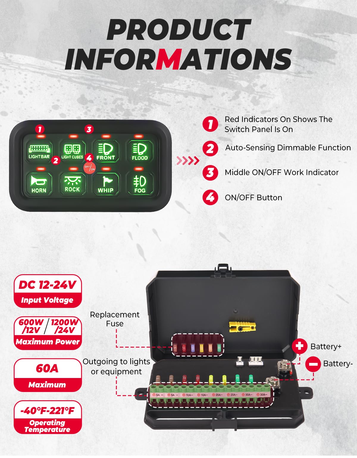 KEMIMOTO 8 Gang Pannello Interruttori 12-24V 8 Tasti Verde