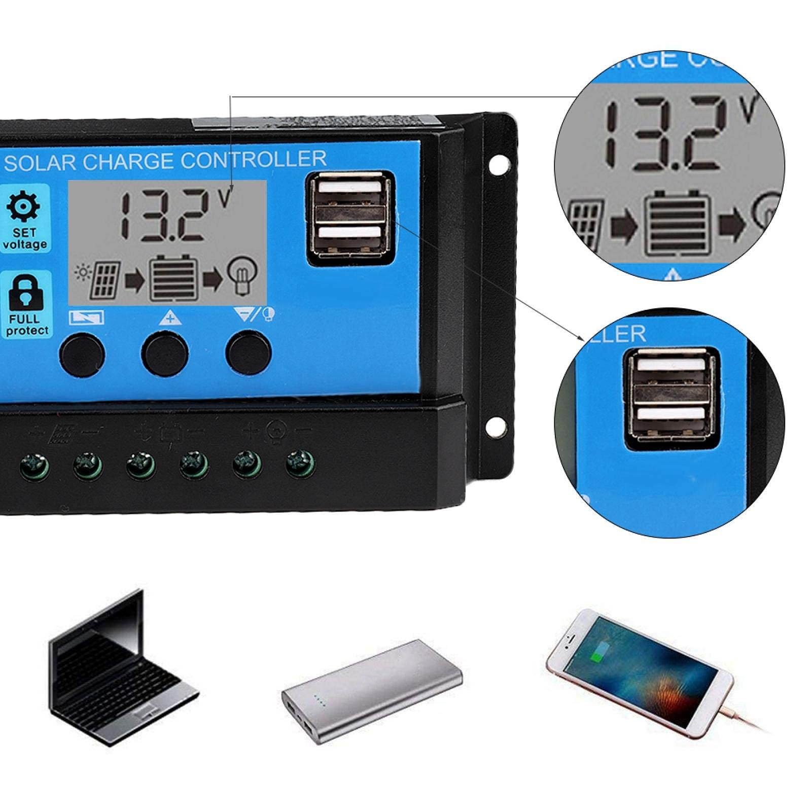 Kuuleyn Regolatore Carica Solare PWM 30A LCD USB 12V 24V