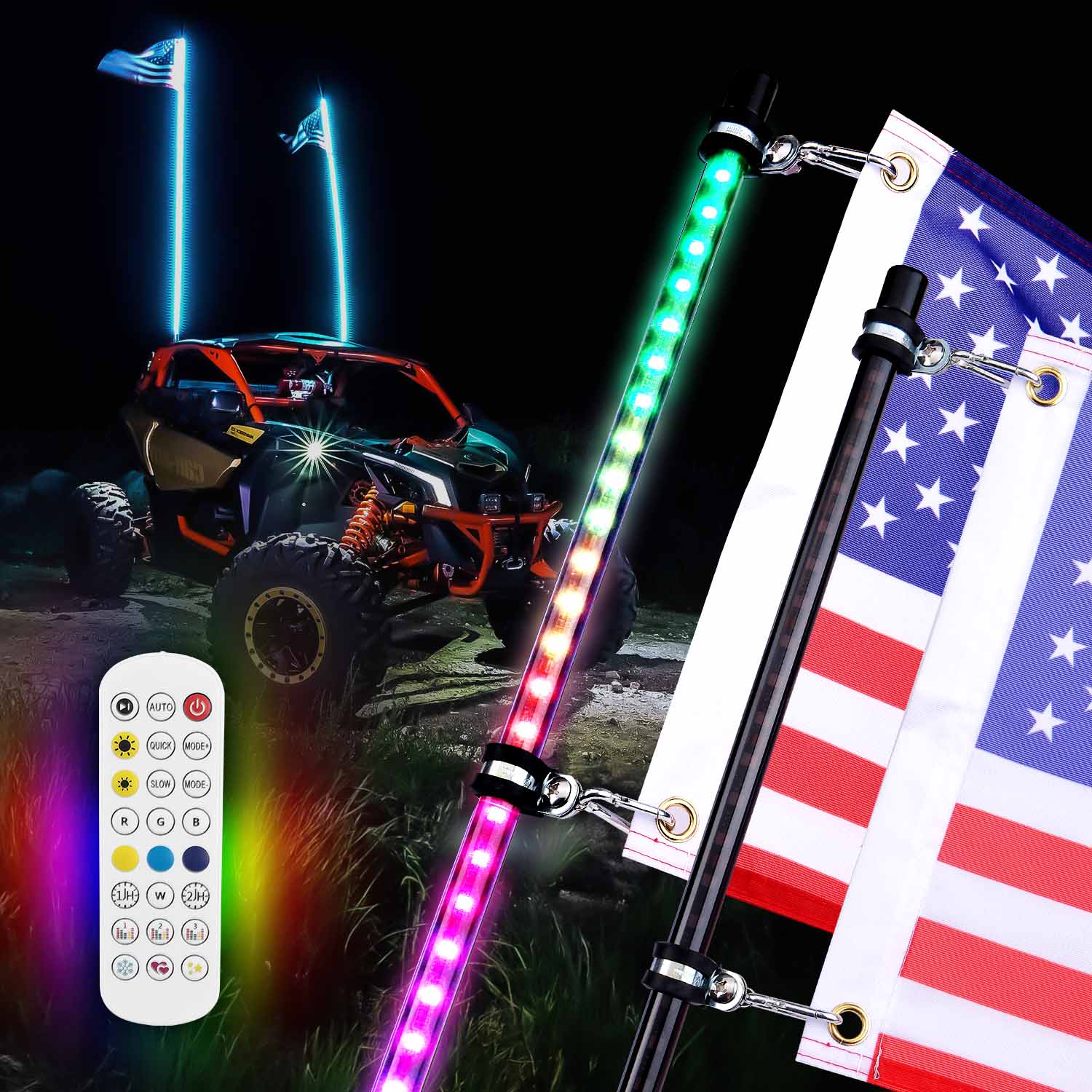 KEMIMOTO Frusta LED 4FT Nera 2 Pezzi con Telecomando RF IP67