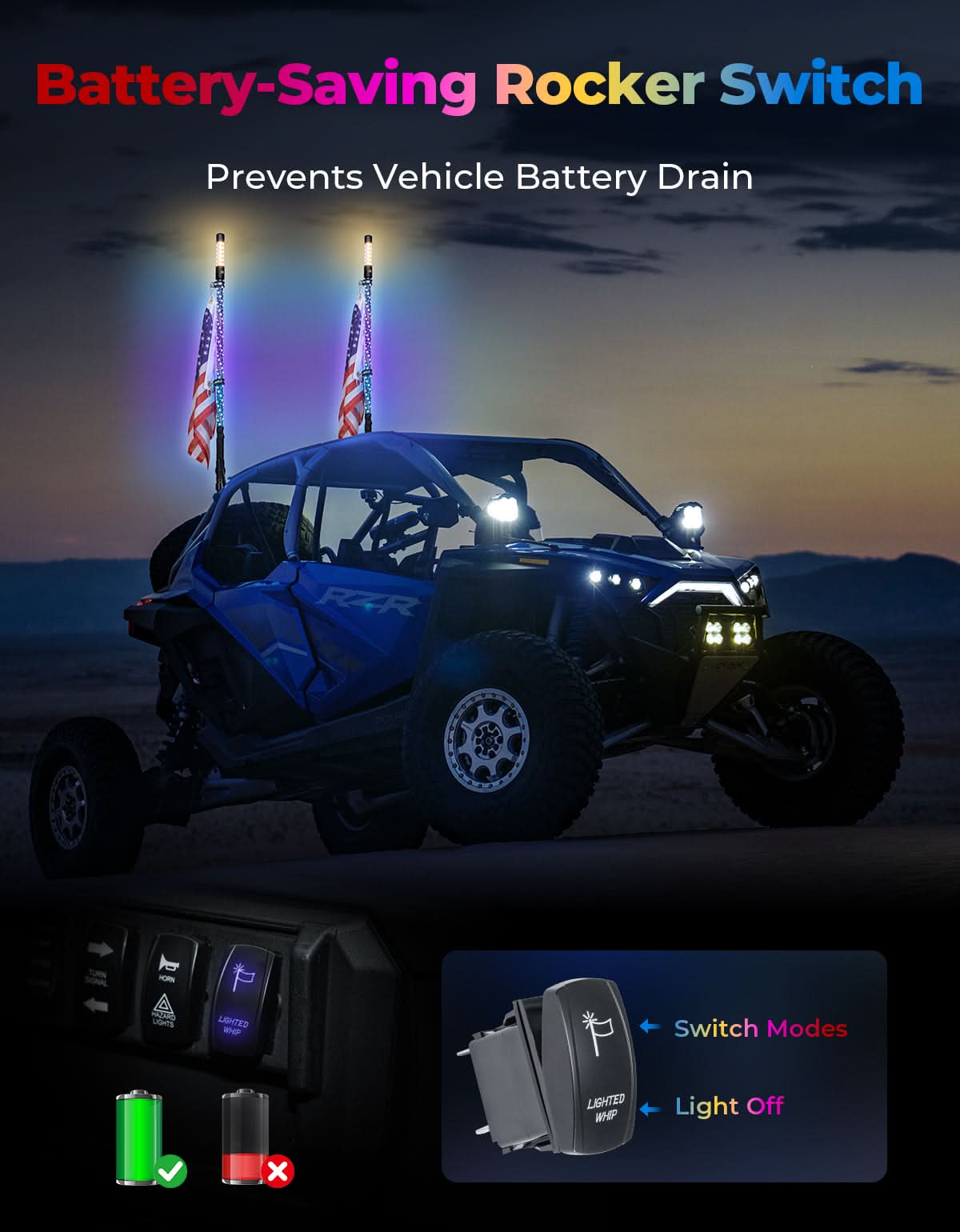 KEMIMOTO Whip 3FT frusta LED 2 pezzi bluetooth SOS strobo