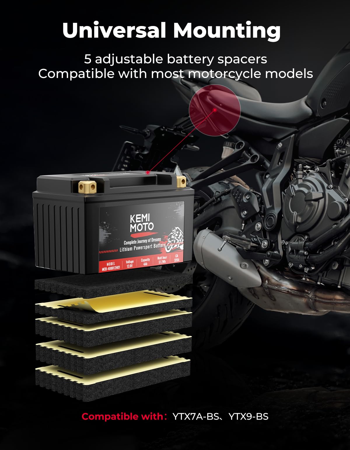 KEMIMOTO batteria moto litio LiFePO4 12V 4Ah avviamento