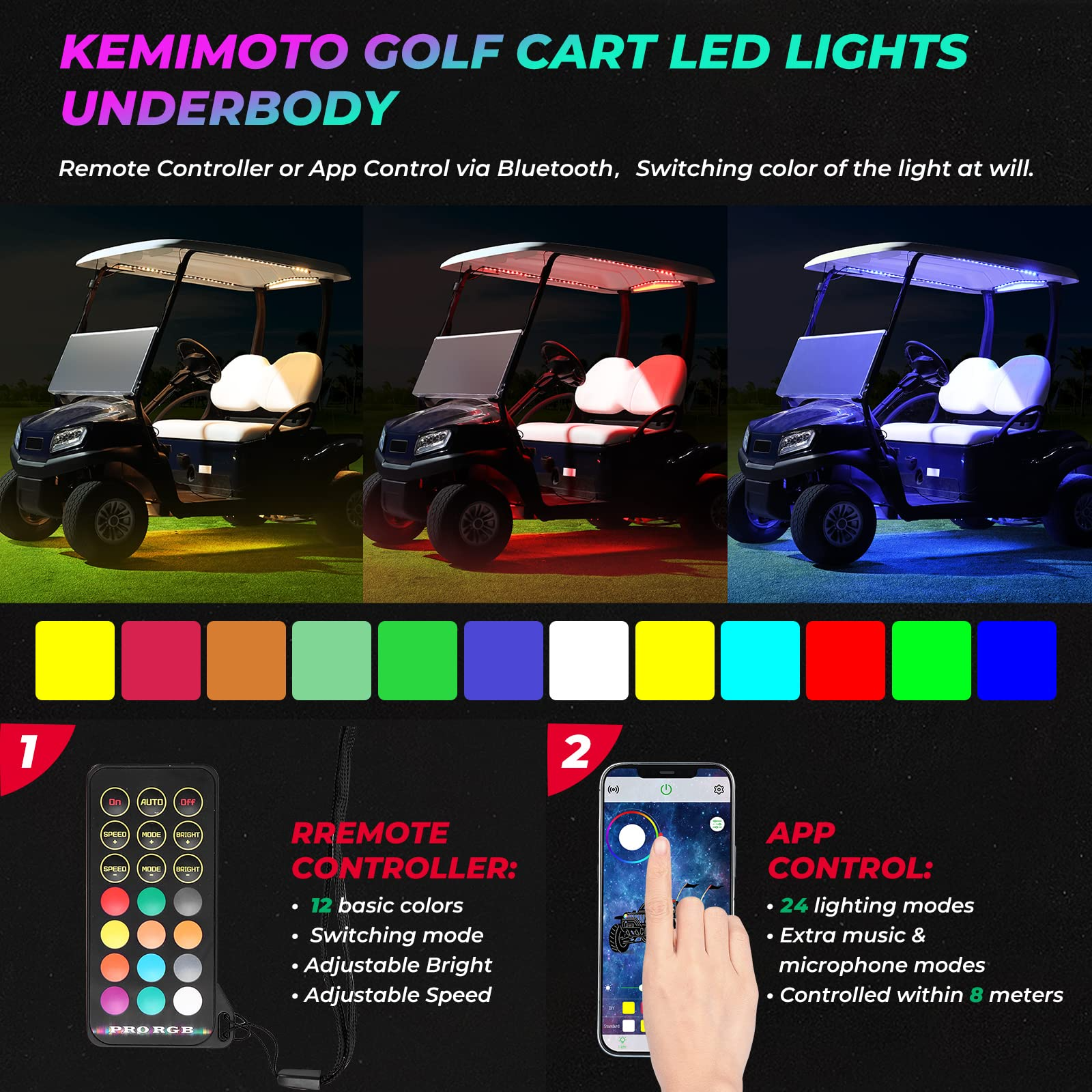 KEMIMOTO Kit Luci LED Sottoscocca Golf Cart 12V 12 Pezzi RGB