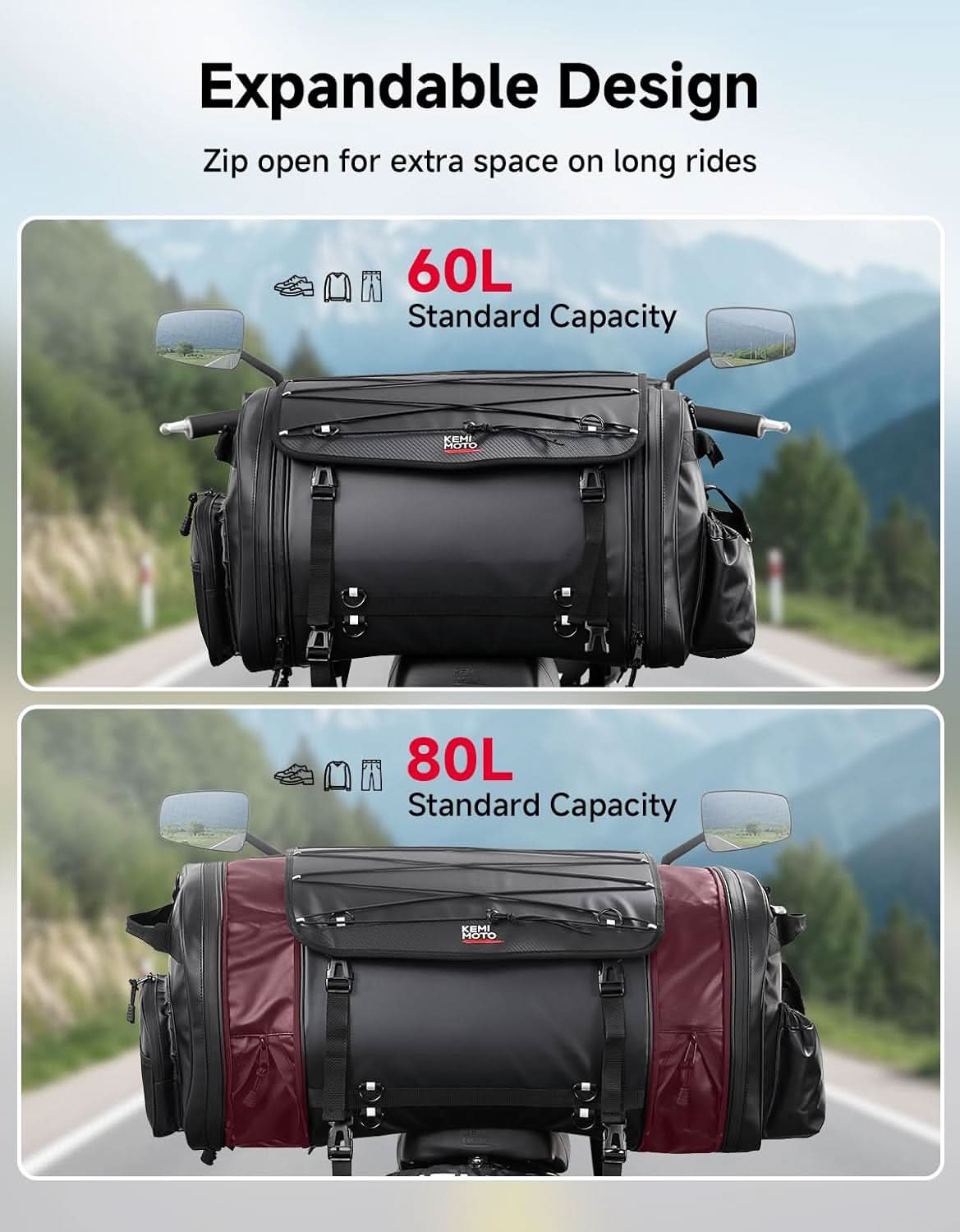 KEMIMOTO 2604 borsa moto posteriore 60-80L espandibile