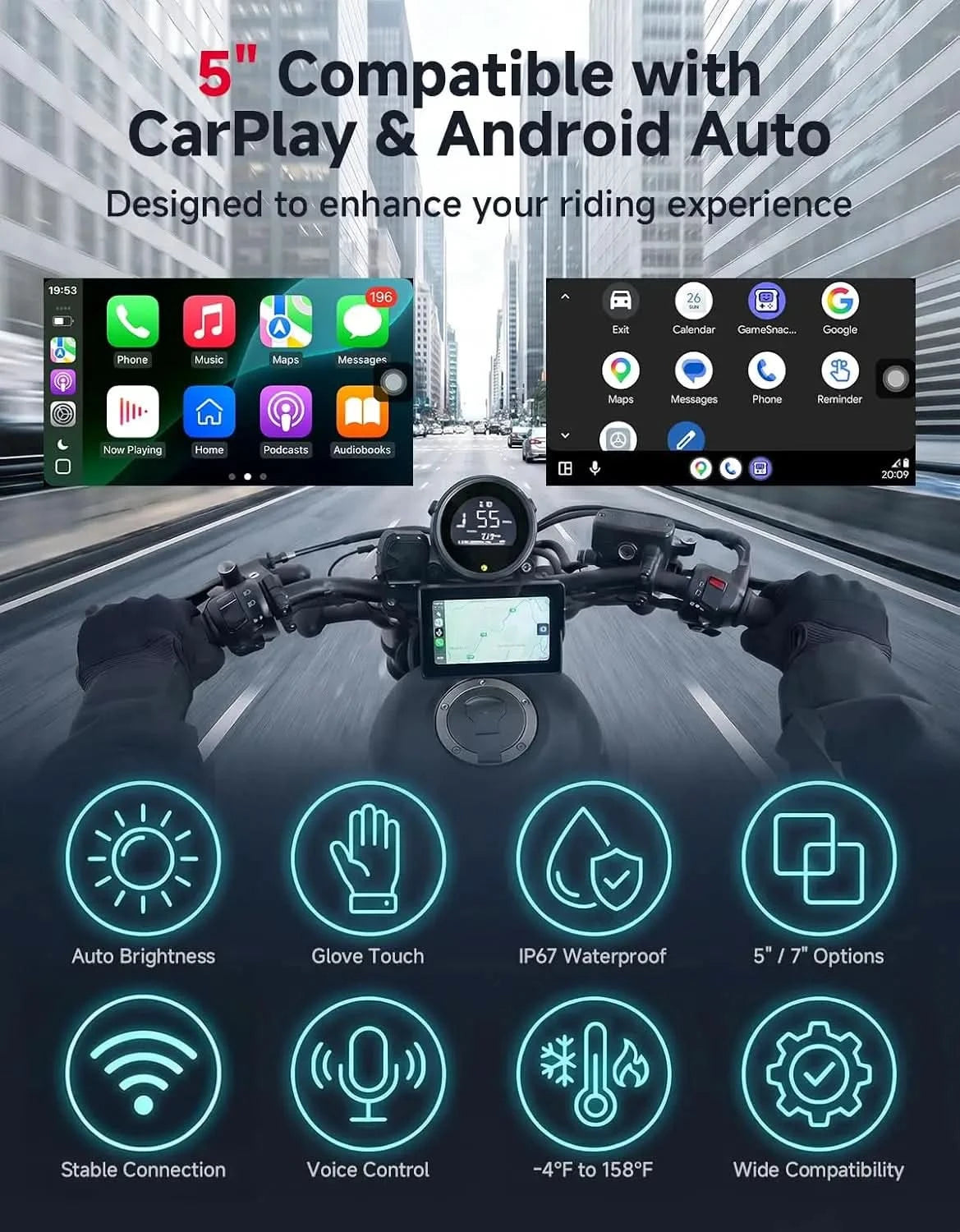 KEMIMOTO display moto CarPlay Android Auto touchscreen 5" 7"