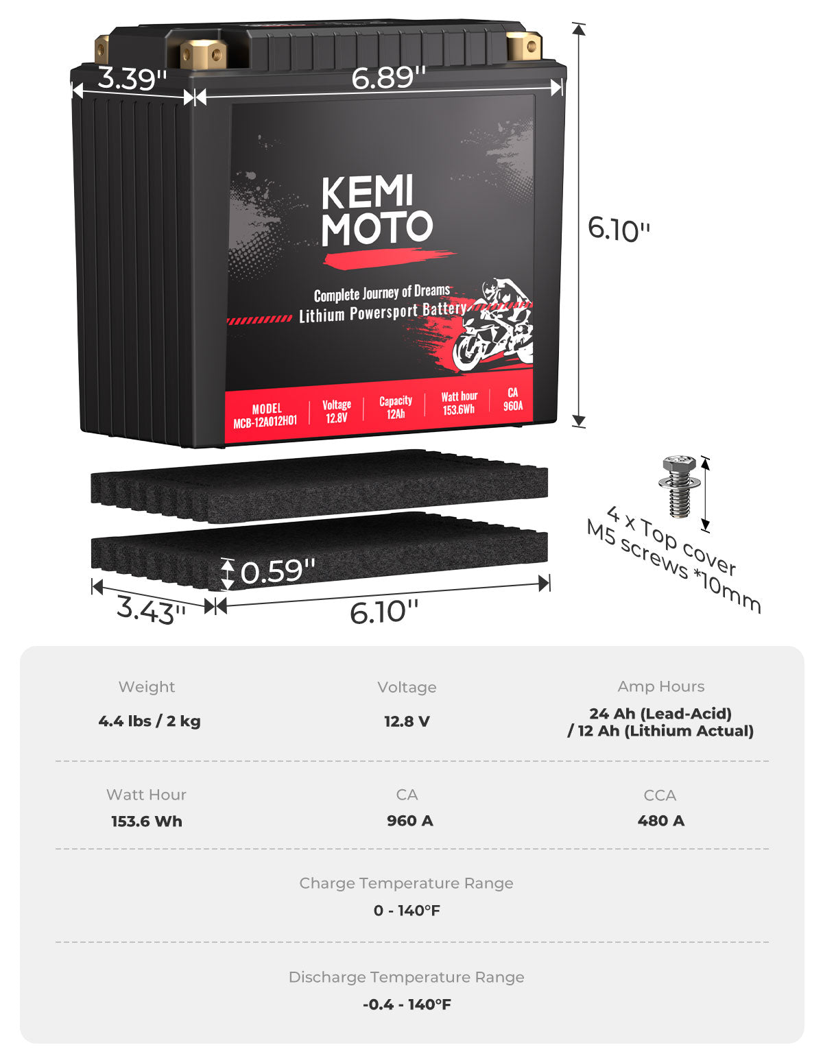 KEMIMOTO YXT20L-BS Batteria Moto 12V 12Ah LiFePO4 960A