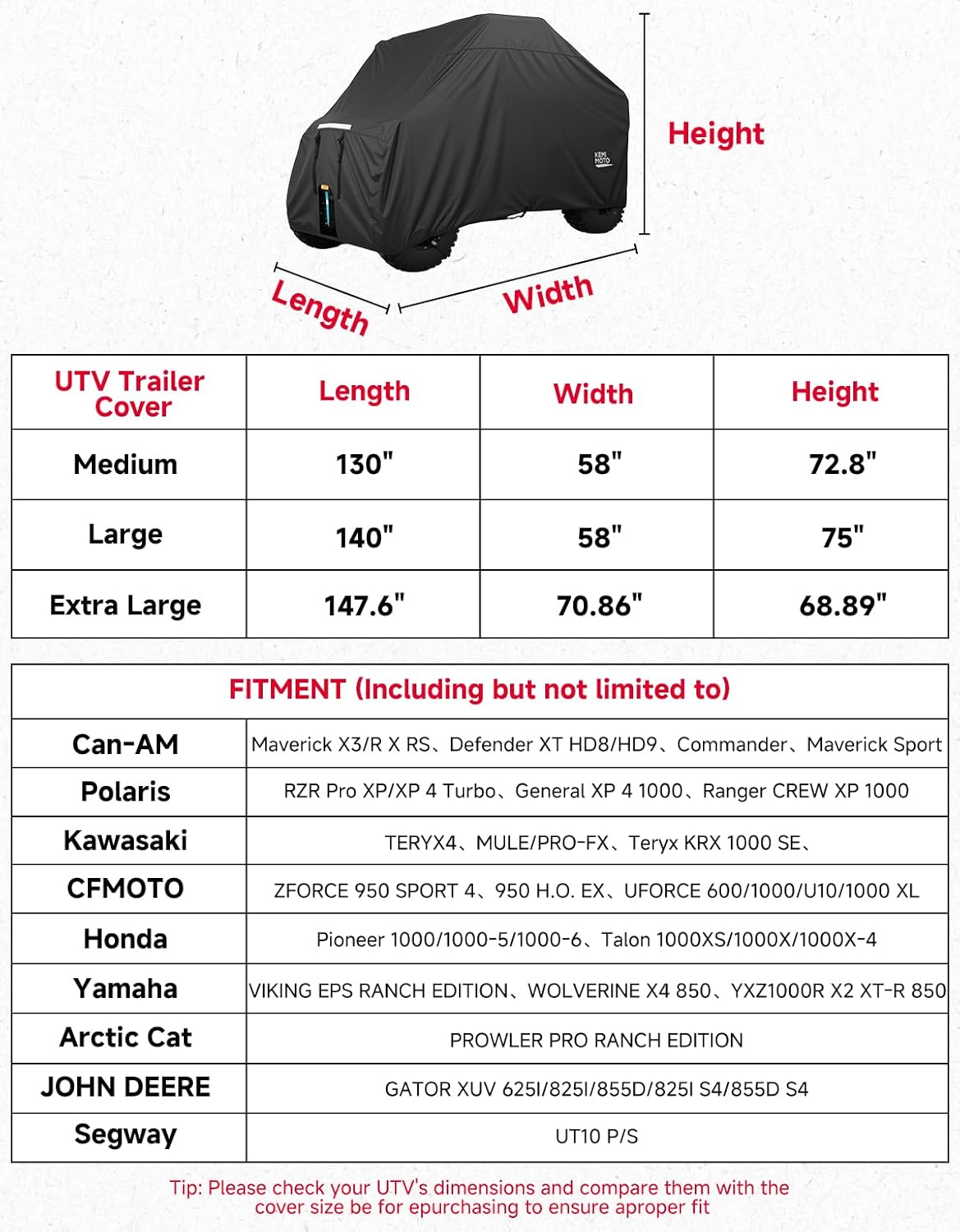 KEMIMOTO Cover UTV 4 Posti da Trasporto 600D Impermeabile