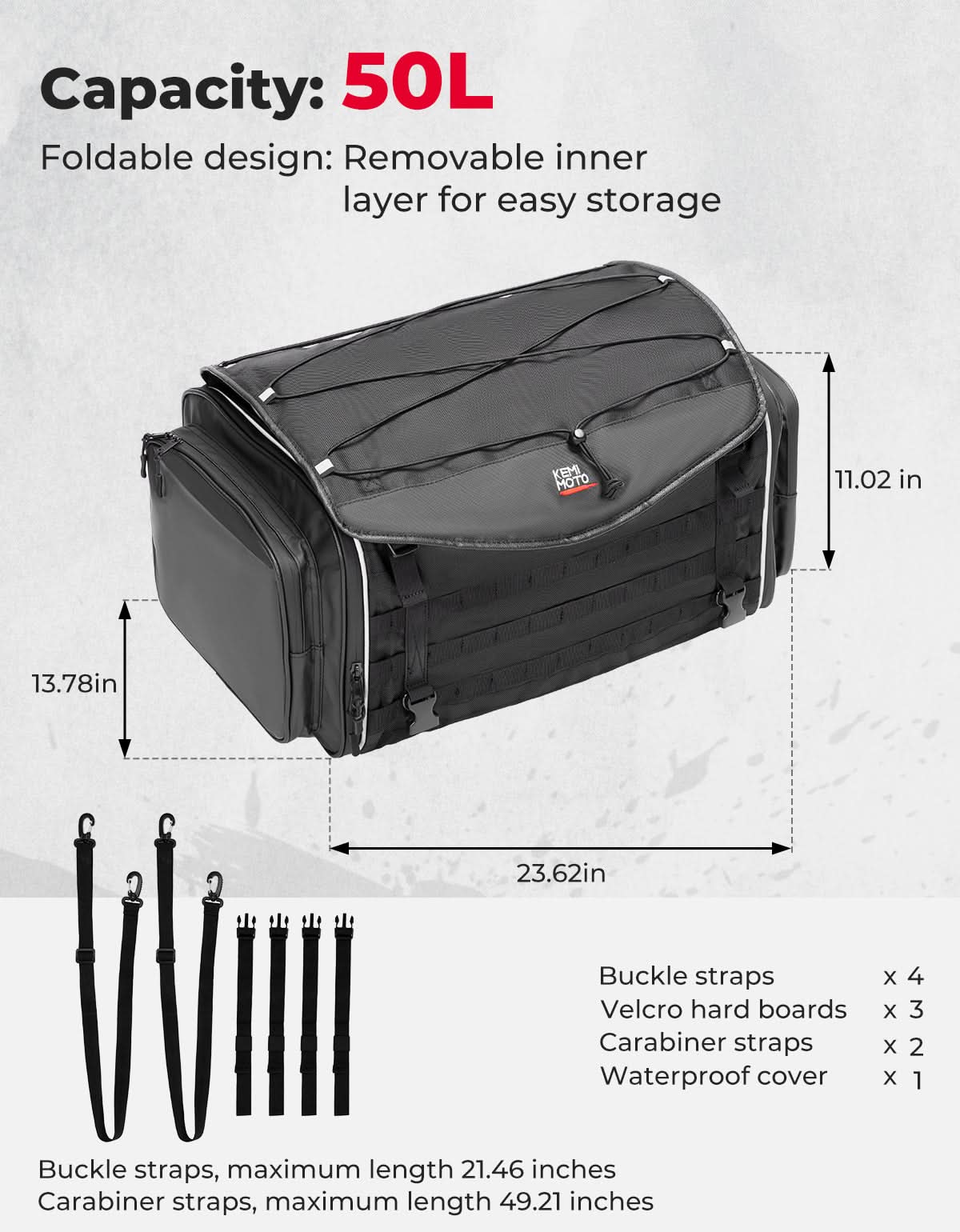 Kemimoto borsa posteriore moto 50L espandibile con copripioggia