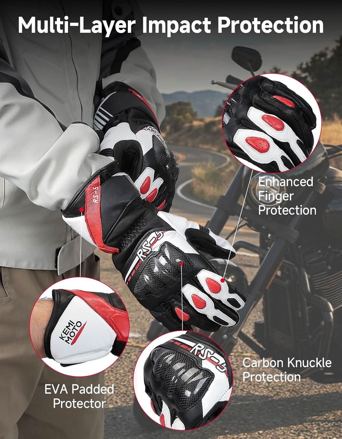 Kemimoto guanti moto pelle touchscreen neri taglia L