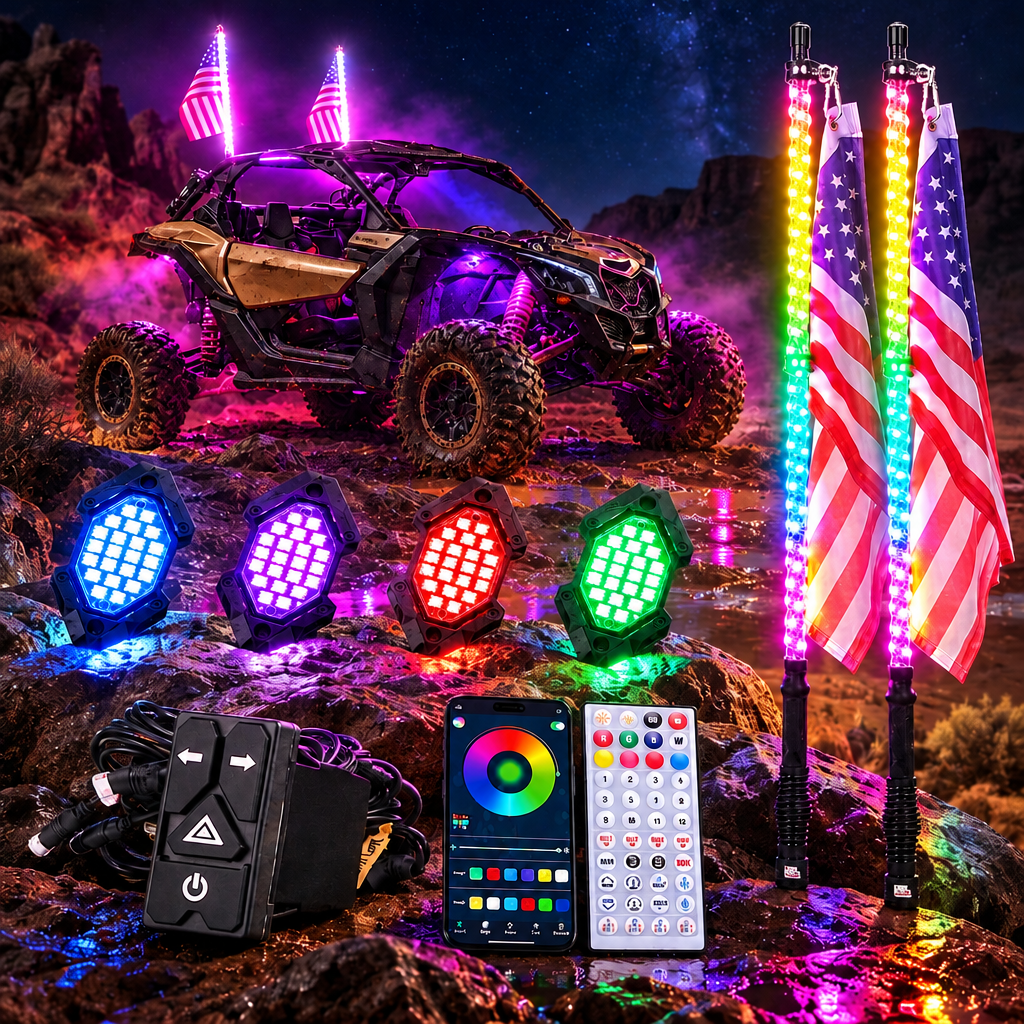 Kemimoto UTV kit luci whip LED 4FT + rock lights RGB 12V