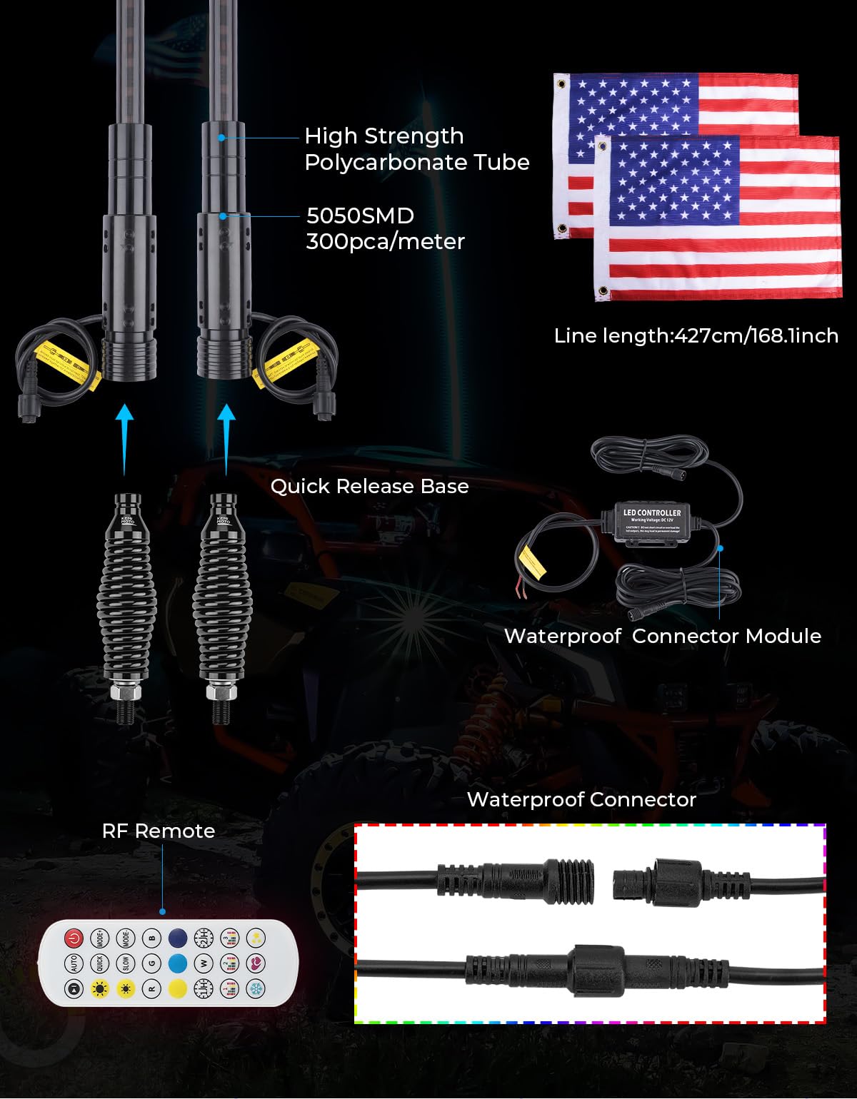 Kemimoto Whip Lights frustini LED 2 pezzi 3FT RGB IP67