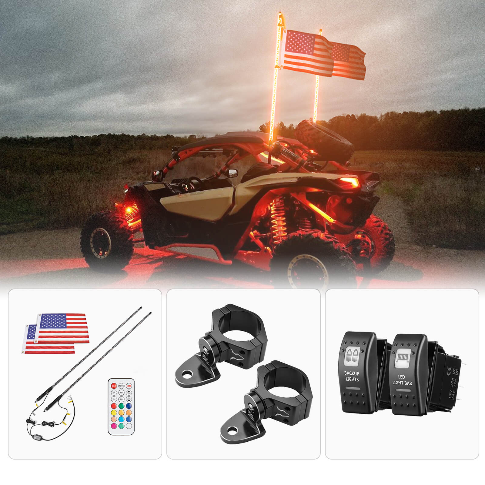 KEMIMOTO Whip Light LED Spirale 2 Pezzi con Bandiera