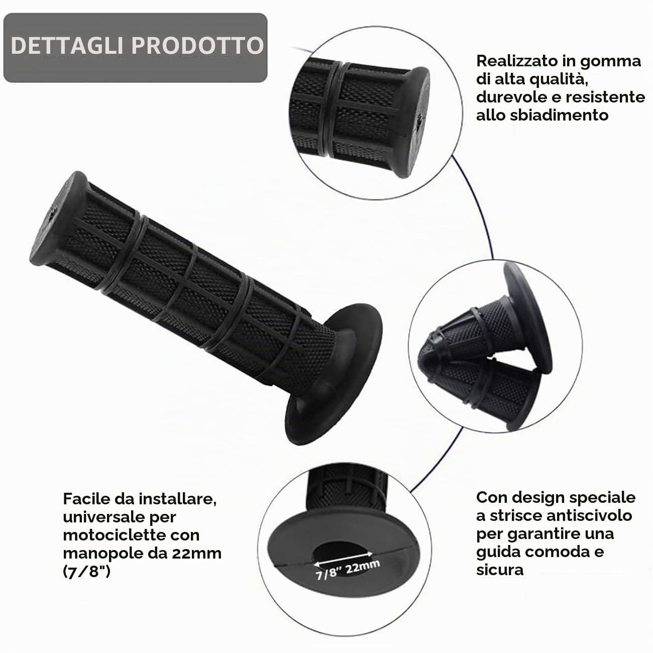 Hapivida Manopole Manubrio Moto 22 mm Nero Gomma Antiscivolo