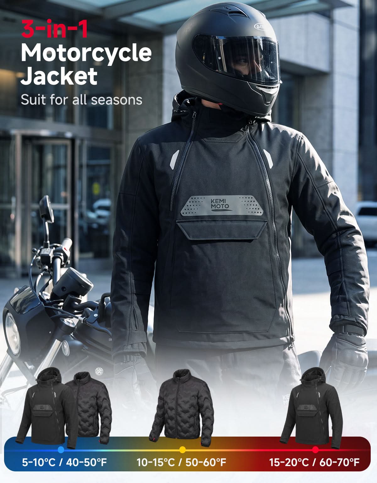 KEMIMOTO 3-in-1 CE Armor giacca moto con protezioni