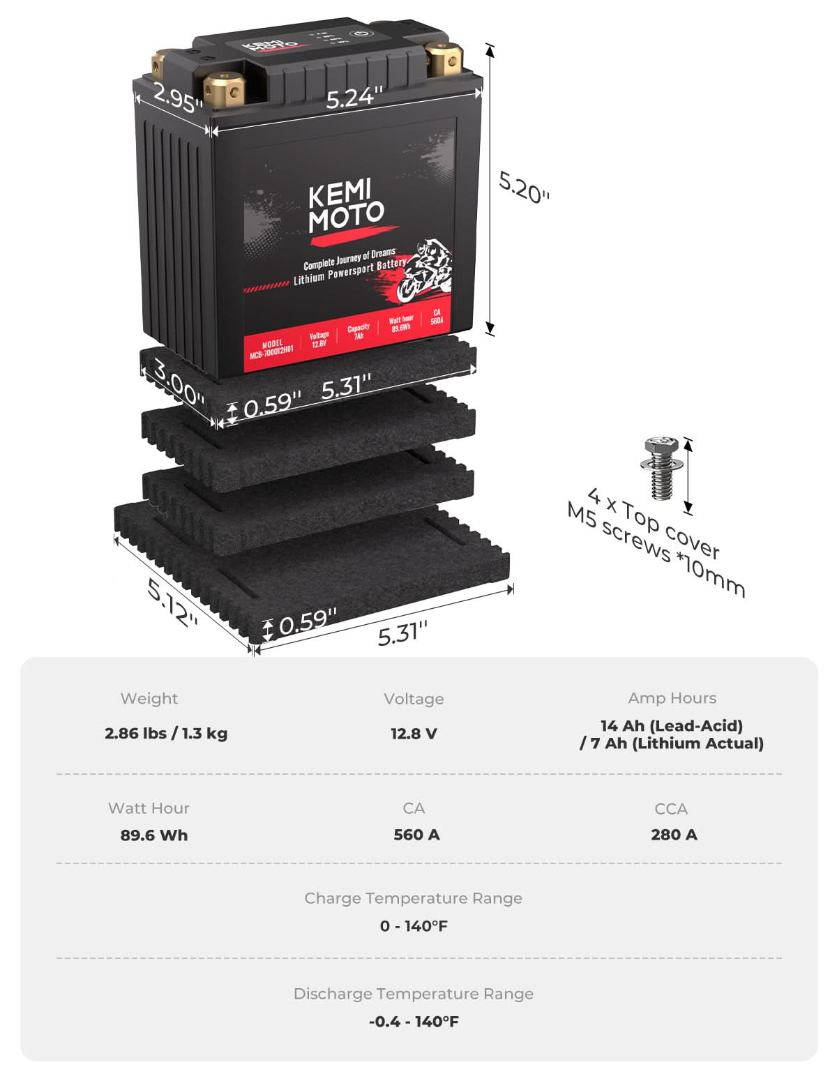KEMIMOTO 12V 7Ah batteria LiFePO4 moto ATV UTV 560A