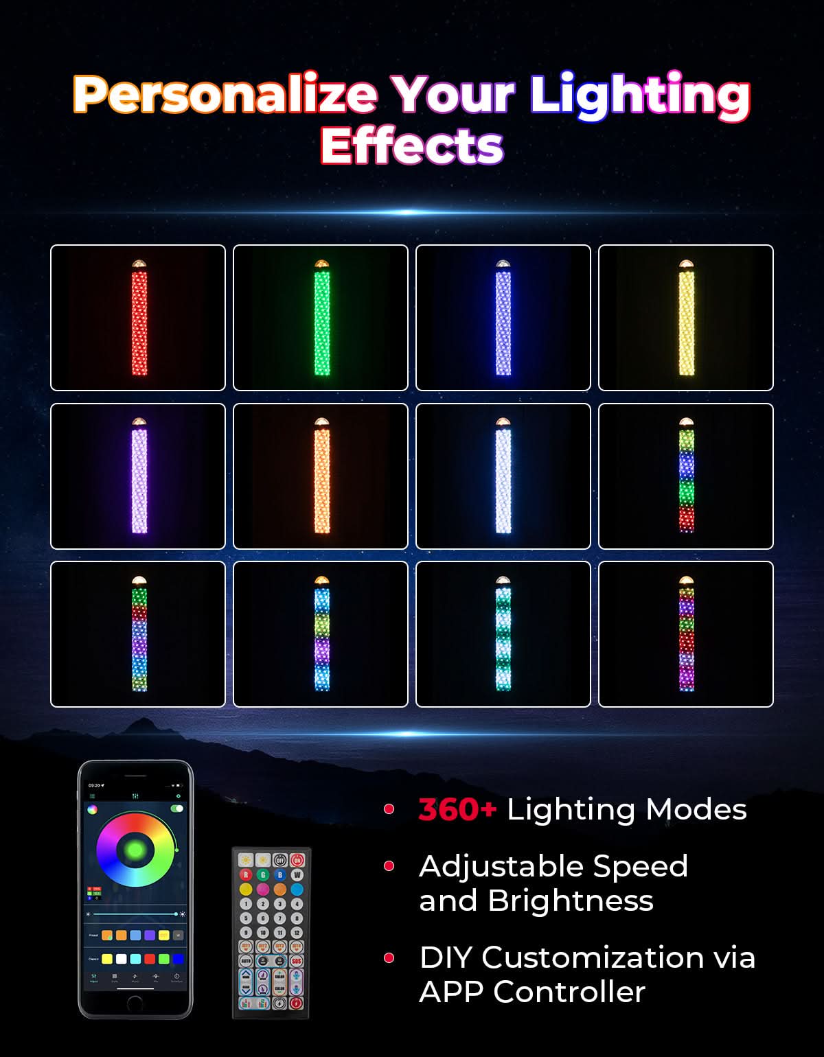 KEMIMOTO Spiral 2FT whip light RGB 2 pezzi con strobo SOS