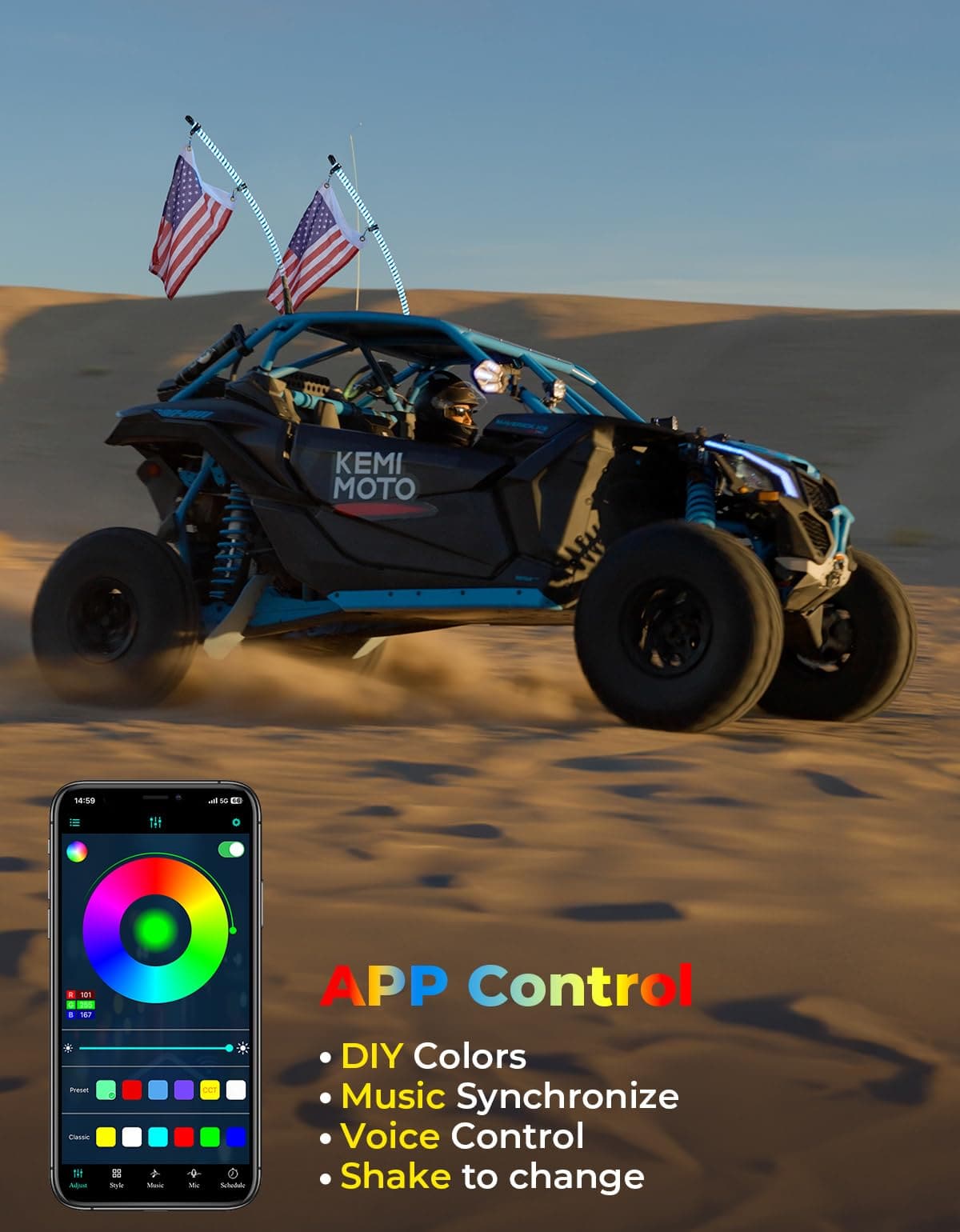 KEMIMOTO Whip Light LED COB 3FT UTV ATV x2 con App