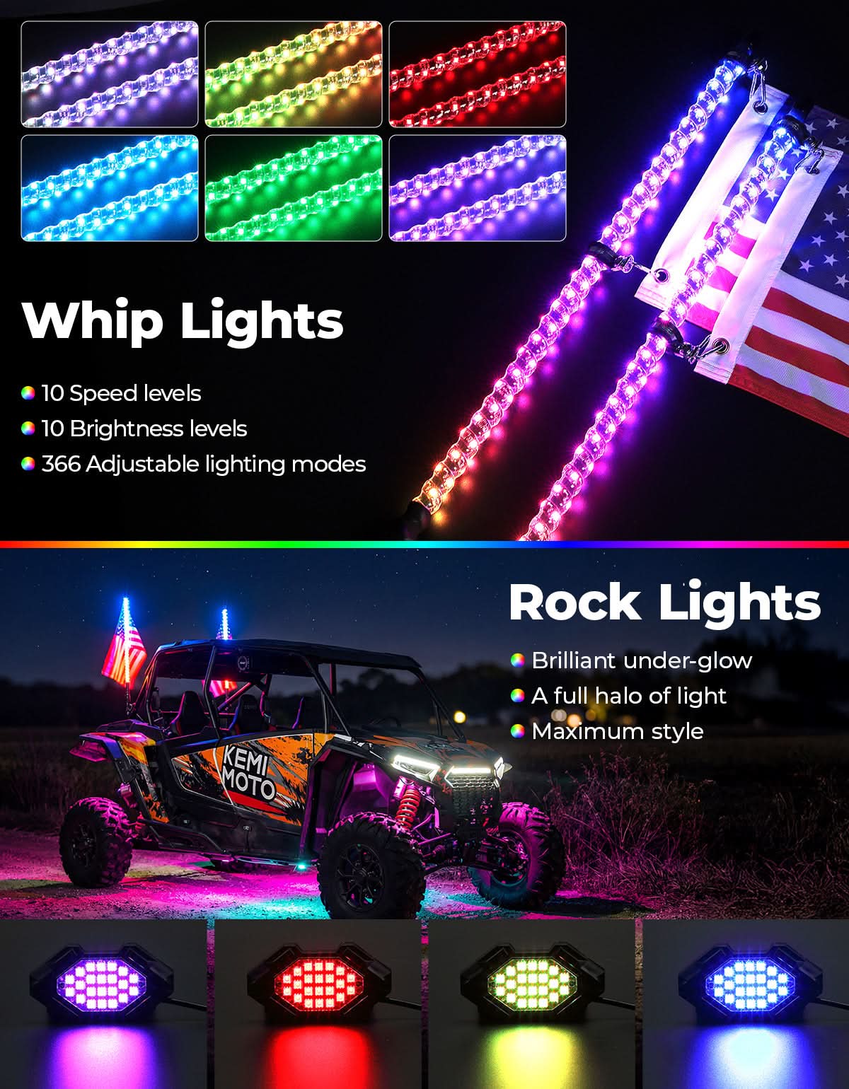 KEMIMOTO 3FT kit whip lights + rock lights LED IP67
