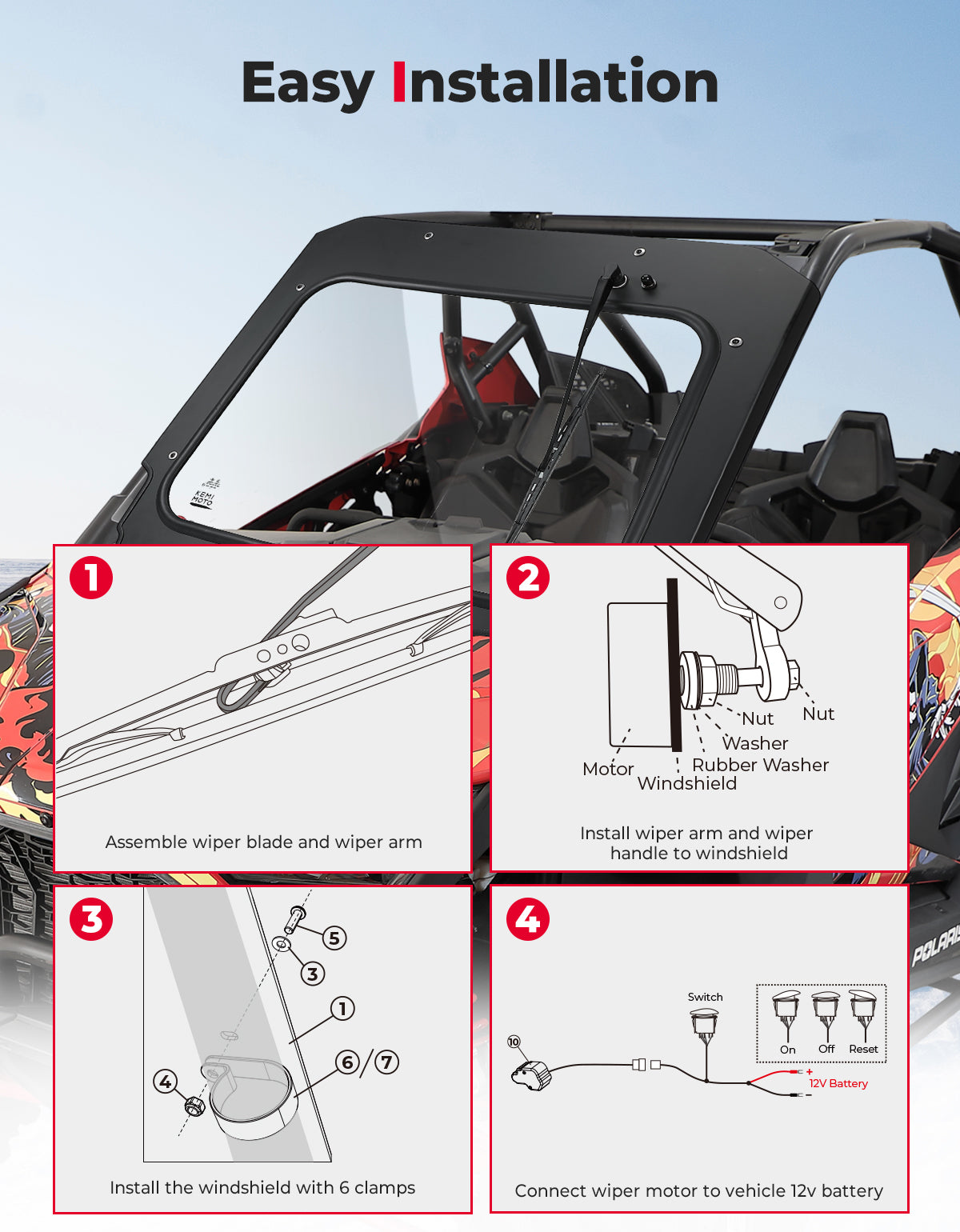 Kemimoto parabrezza vetro RZR Pro XP Turbo R con tergicristallo