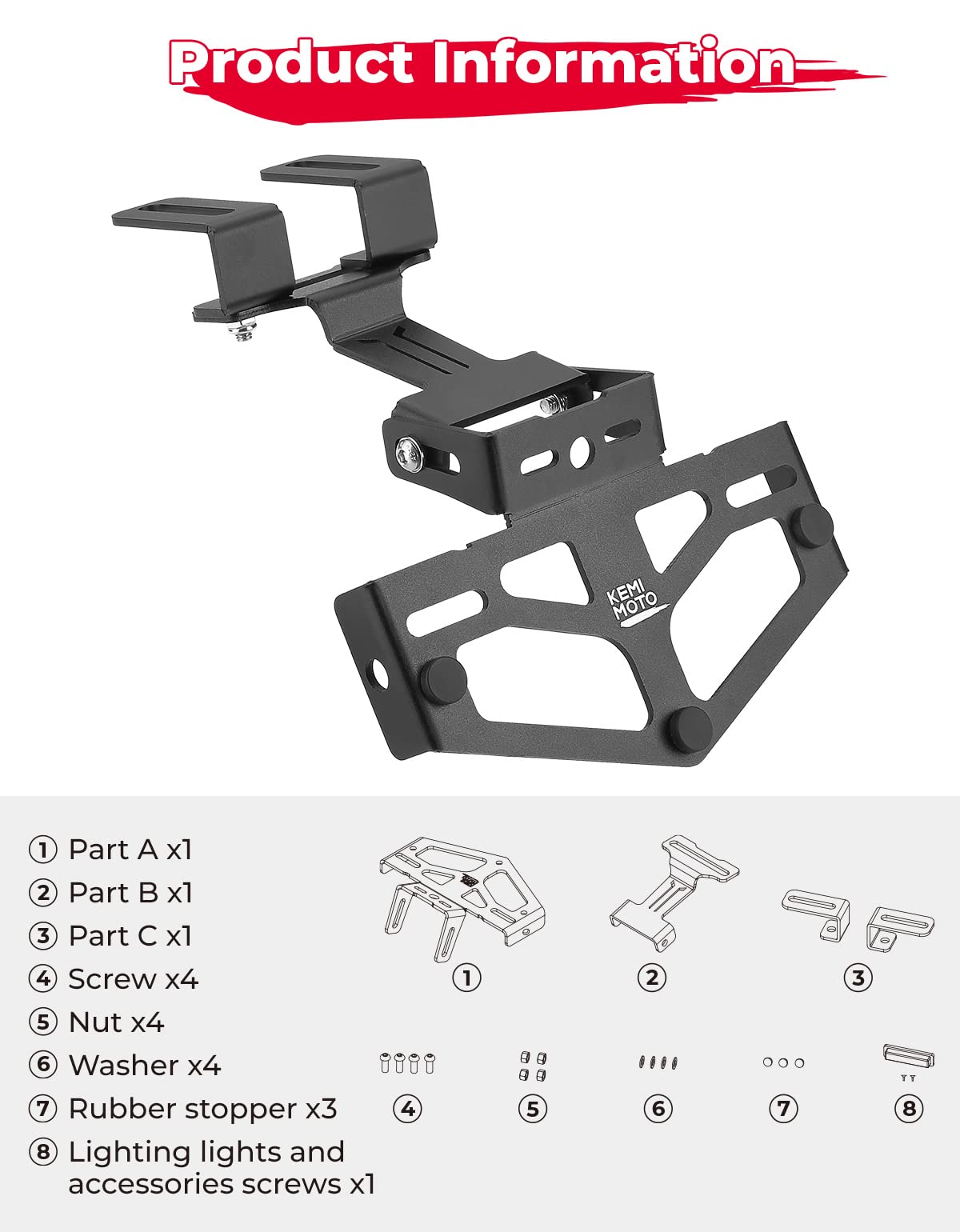 KEMIMOTO Portatarga moto universale alluminio con luce LED